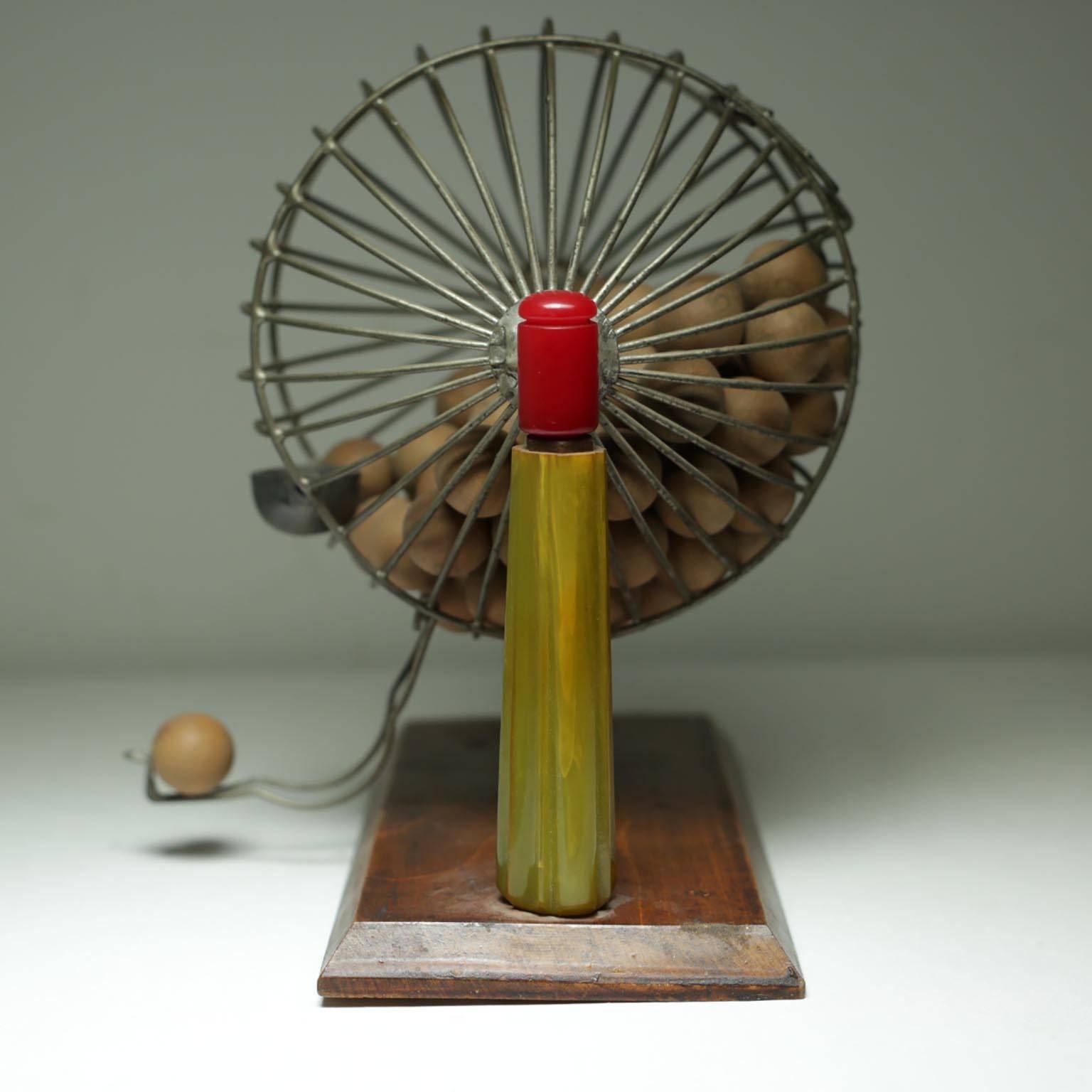 Early 20th Century Bingo Cage with Bakelite Supports, Bingo Cards and Chips In Excellent Condition In San Francisco, CA