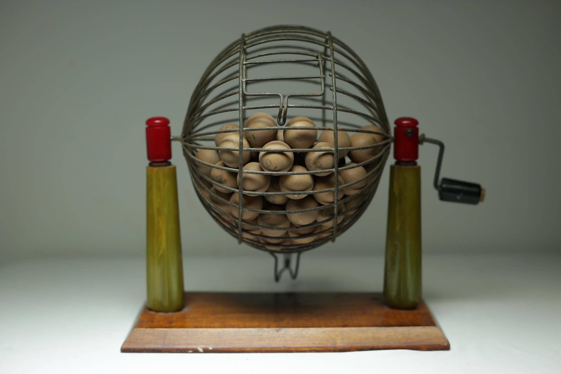 Early 20th Century Bingo Cage with Bakelite Supports, Bingo Cards and Chips 1
