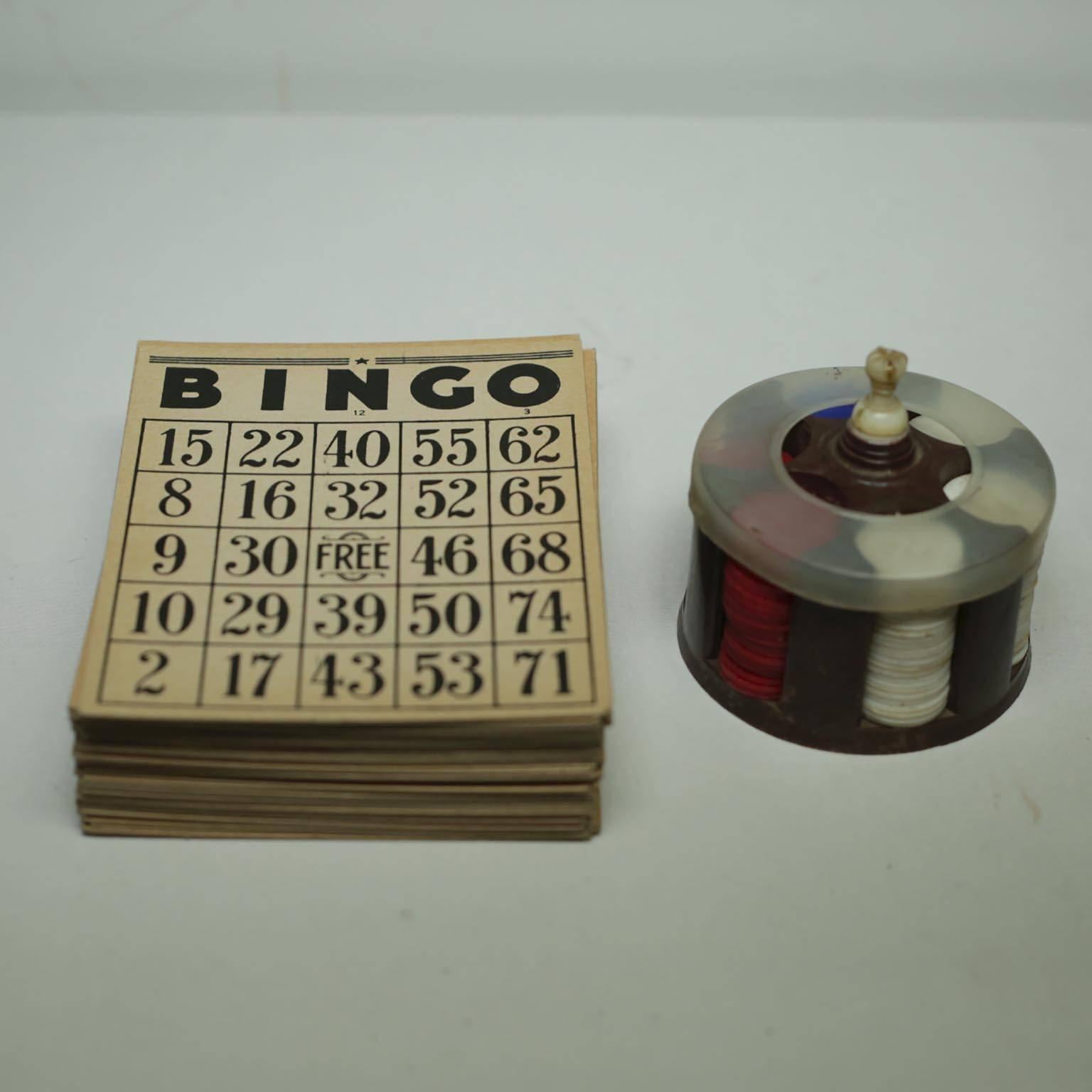 Early 20th Century Bingo Cage with Bakelite Supports, Bingo Cards and Chips 3