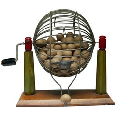 Early 20th Century Bingo Cage with Bakelite Supports, Bingo Cards and Chips