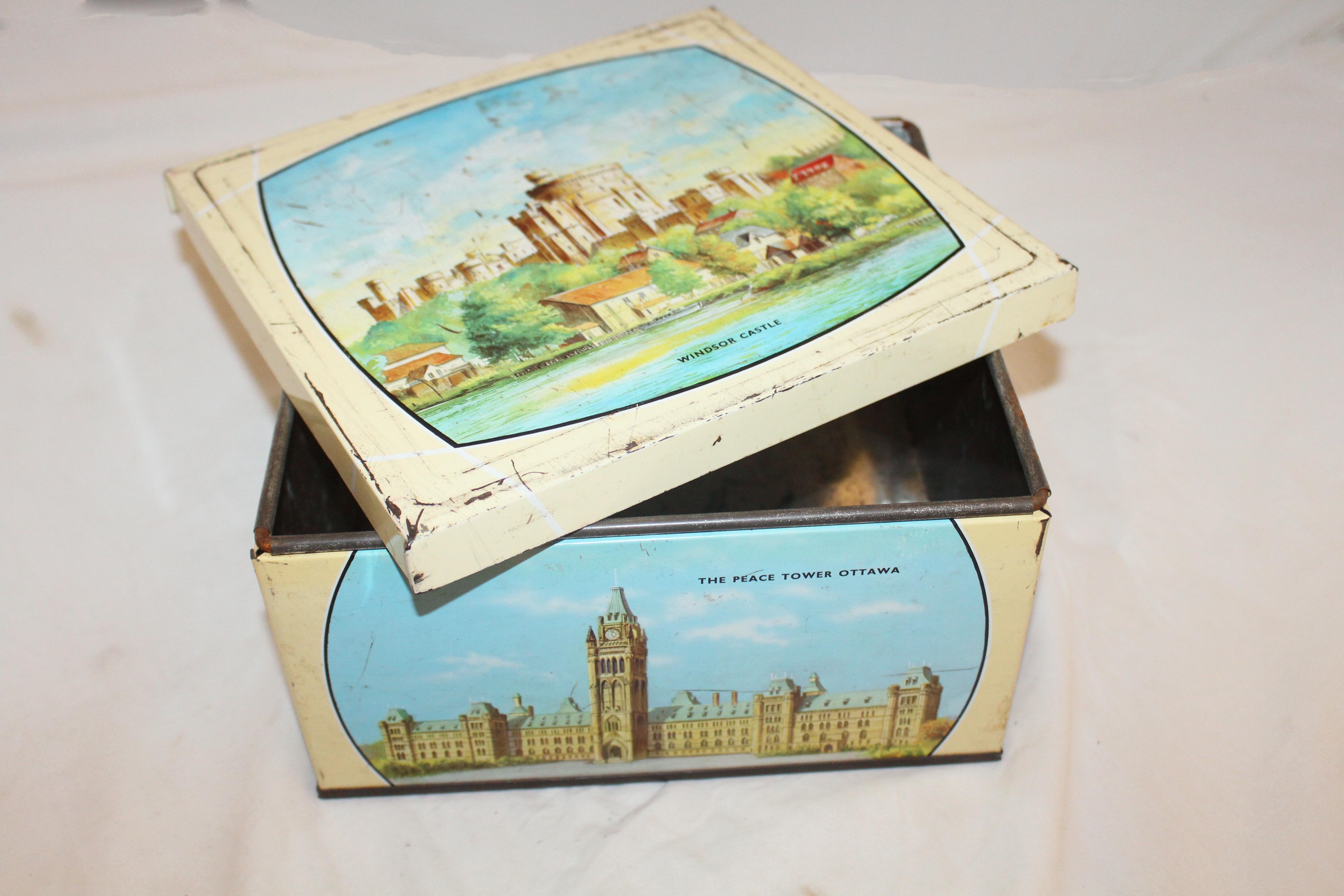 A biscuit tin celebrating The British Commonwealth, both natural & architectural. The 1930s Canadian Rockies train is wonderful! Also featuring Windsor, Parliament House of New Zealand, The Peace Tower in Ottawa, and Sidney Harbour Bridge. 9