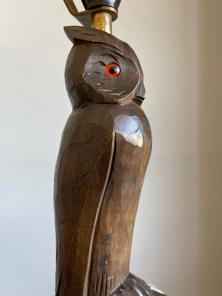 Rare Antique Art Deco Style Carved Wood Owl Sculpture Table Lamp or
