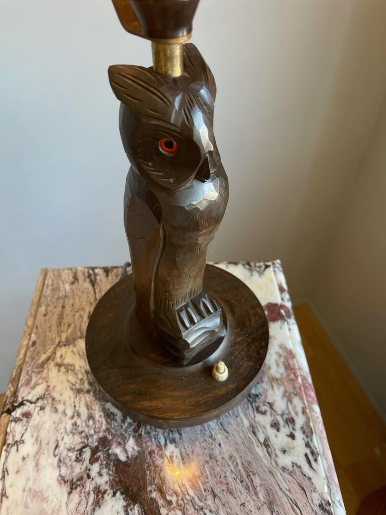 Rare Antique Art Deco Style Carved Wood Owl Sculpture Table Lamp or