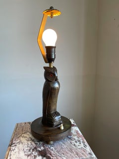 Rare Antique Art Deco Style Carved Wood Owl Sculpture Table Lamp or Desk Lamp