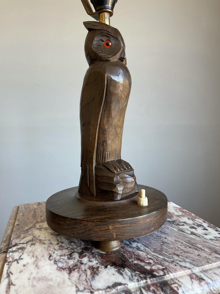 Rare Antique Art Deco Style Carved Wood Owl Sculpture Table Lamp or