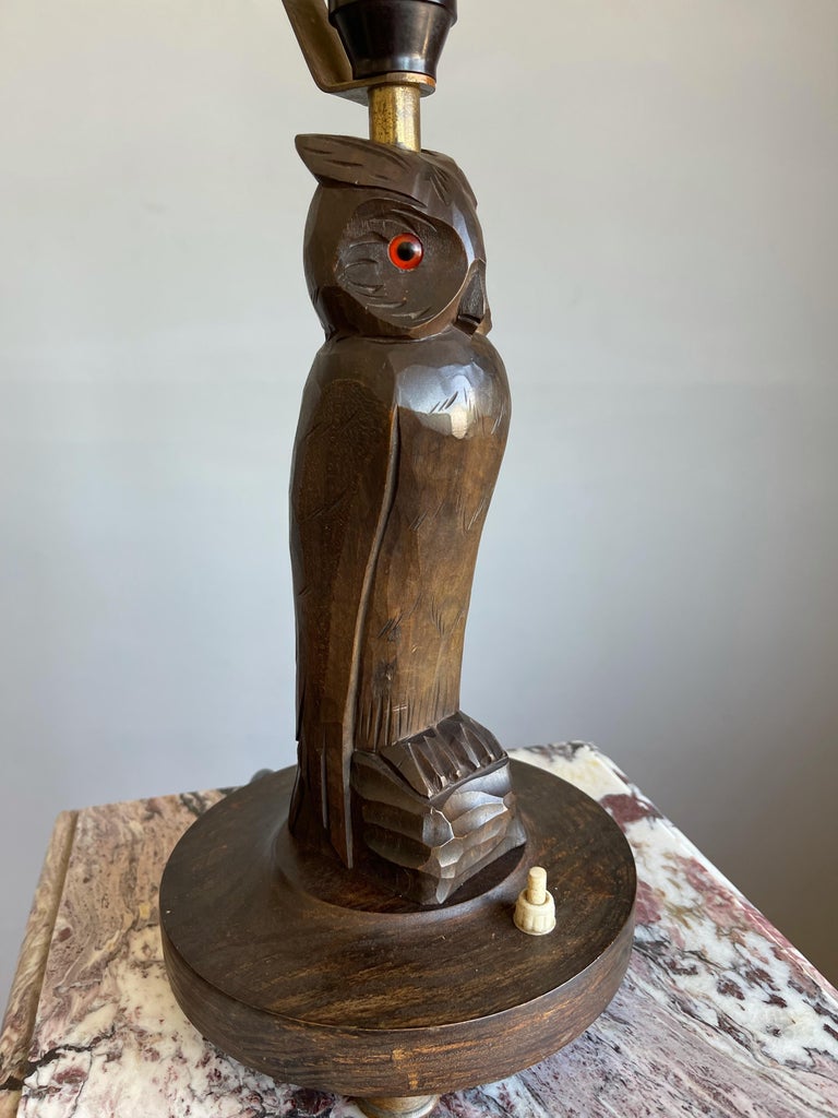 Rare Antique Art Deco Style Carved Wood Owl Sculpture Table Lamp or