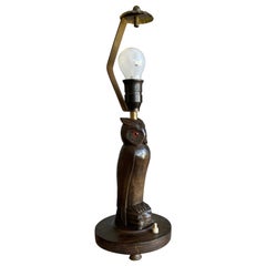 Rare Antique Black Forest Hand Carved Wood Owl Sculpture Table Lamp or Desk Lamp