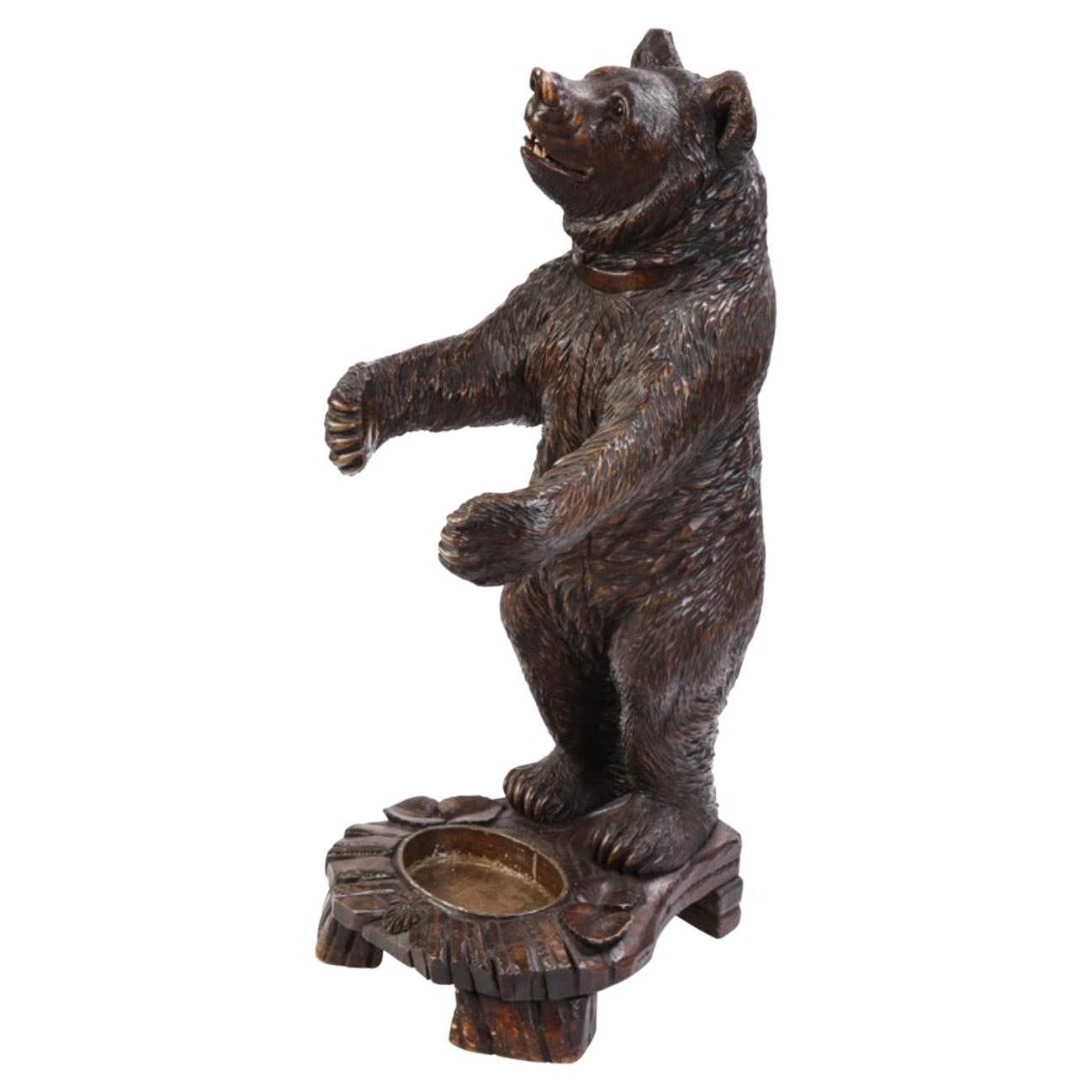 Antique HandCarved and Sizable Wooden Black Forest Bear Umbrella and Stick Stand For Sale at