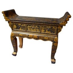 Antique Early 20th Century Black Lacquer Tibetan Altar Table with Gilt Floral Decoration