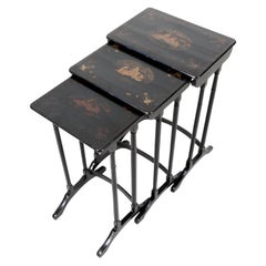 Antique Early 20th Century Black Lacquered Japanned Chinoiserie Nesting Tables, Set of 3