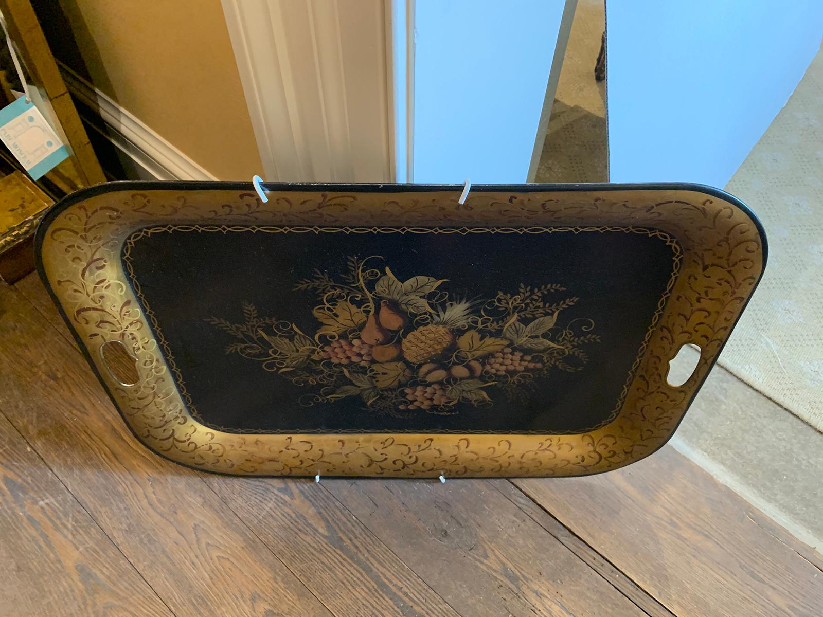 Early 20th Century Black Tole Tray with Fruit Detail, Gilt Border For Sale 8