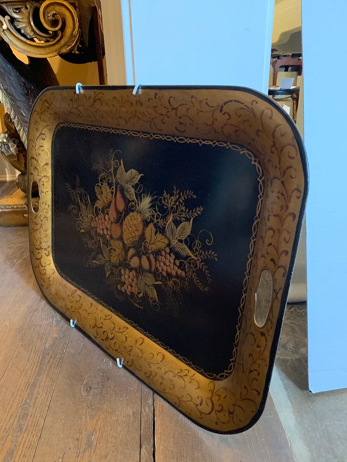Early 20th Century Black Tole Tray with Fruit Detail, Gilt Border In Good Condition For Sale In Atlanta, GA