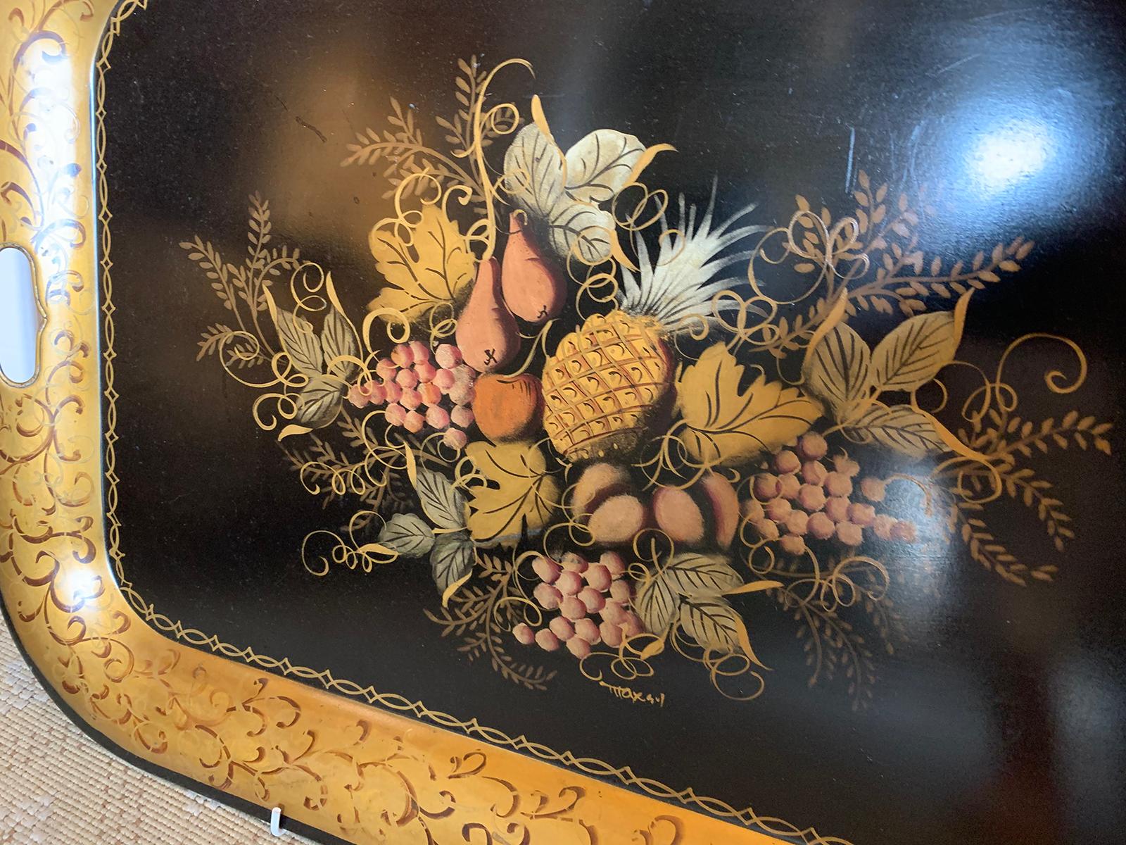Early 20th Century Black Tole Tray with Fruit Detail, Gilt Border For Sale 2