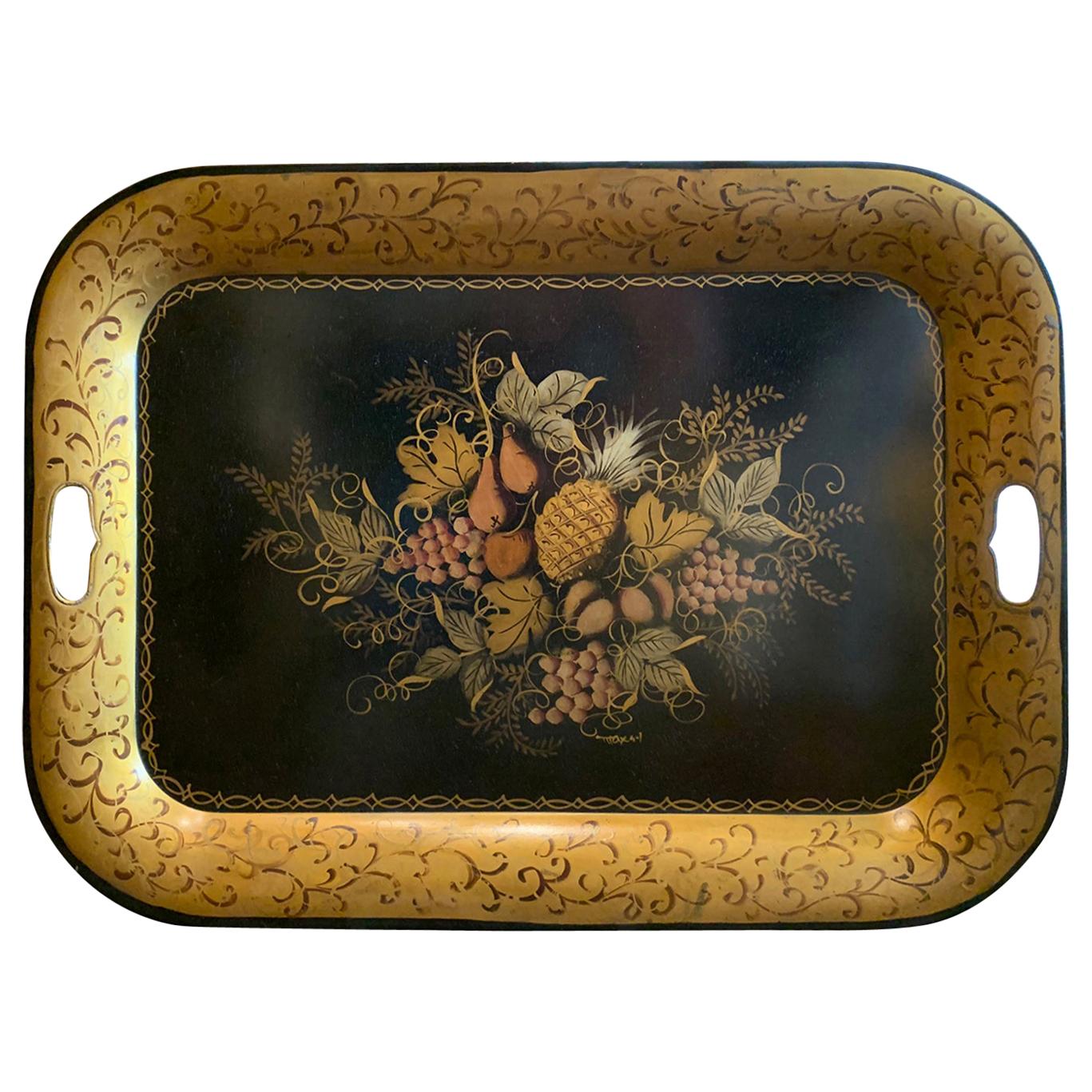 Early 20th Century Black Tole Tray with Fruit Detail, Gilt Border For Sale