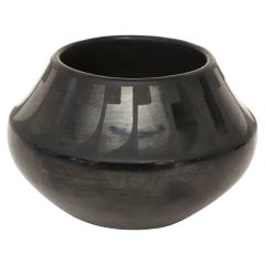 Maria Martinez Blackware Pottery Jar, San Ildefonso Pueblo, Feather Design
