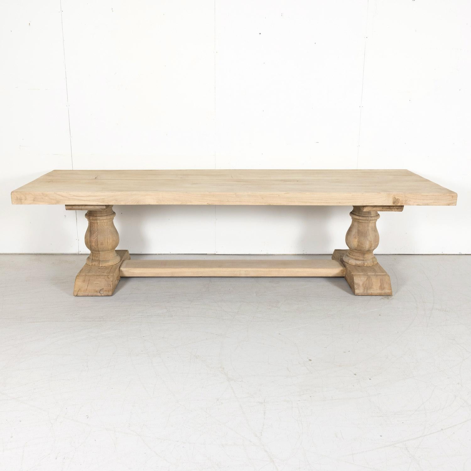 Early 20th Century Bleached Oak French Trestle Dining Table with Baluster Legs 1