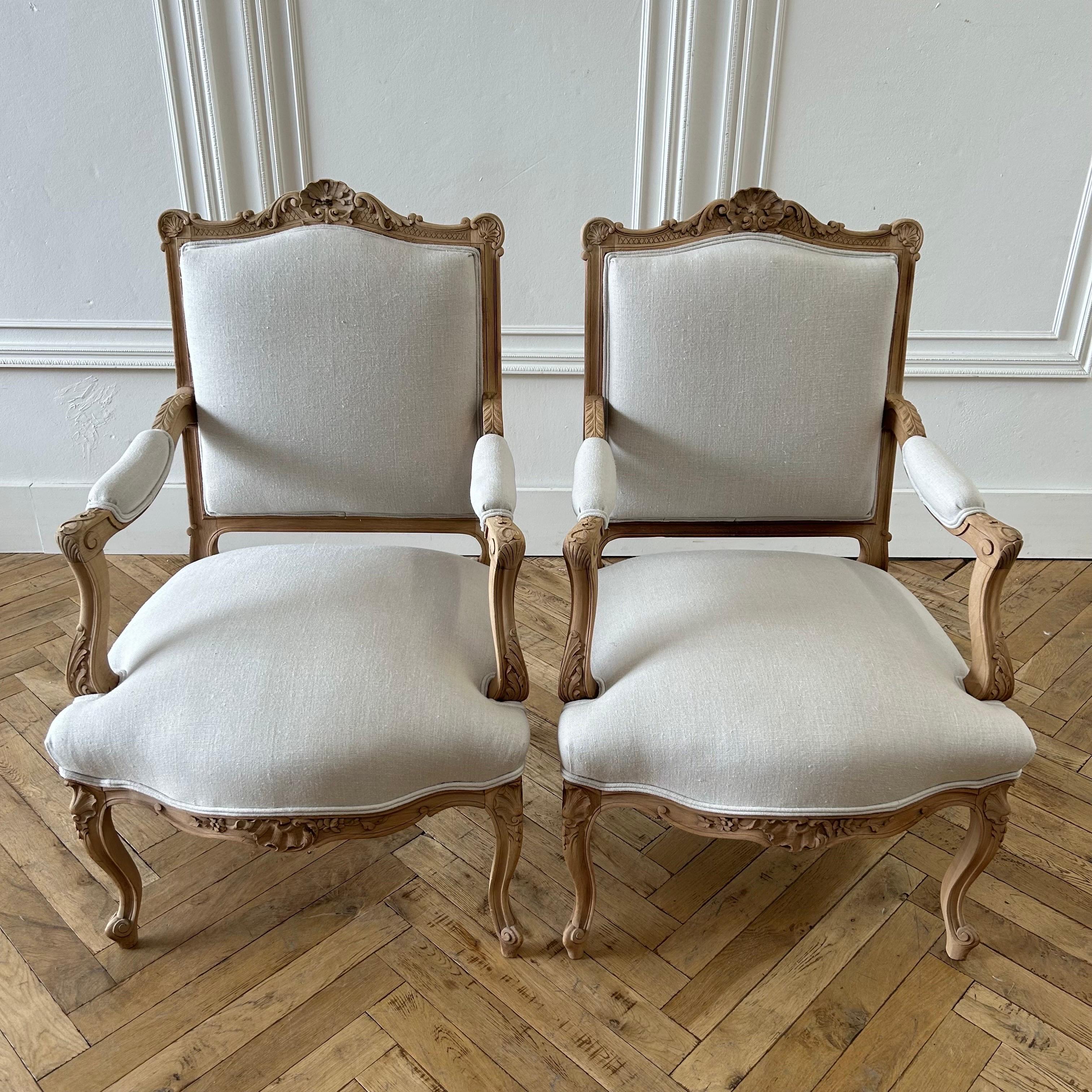 Early 20th Century Bleached Walnut and Linen Upholstered Open Arm Chairs 10