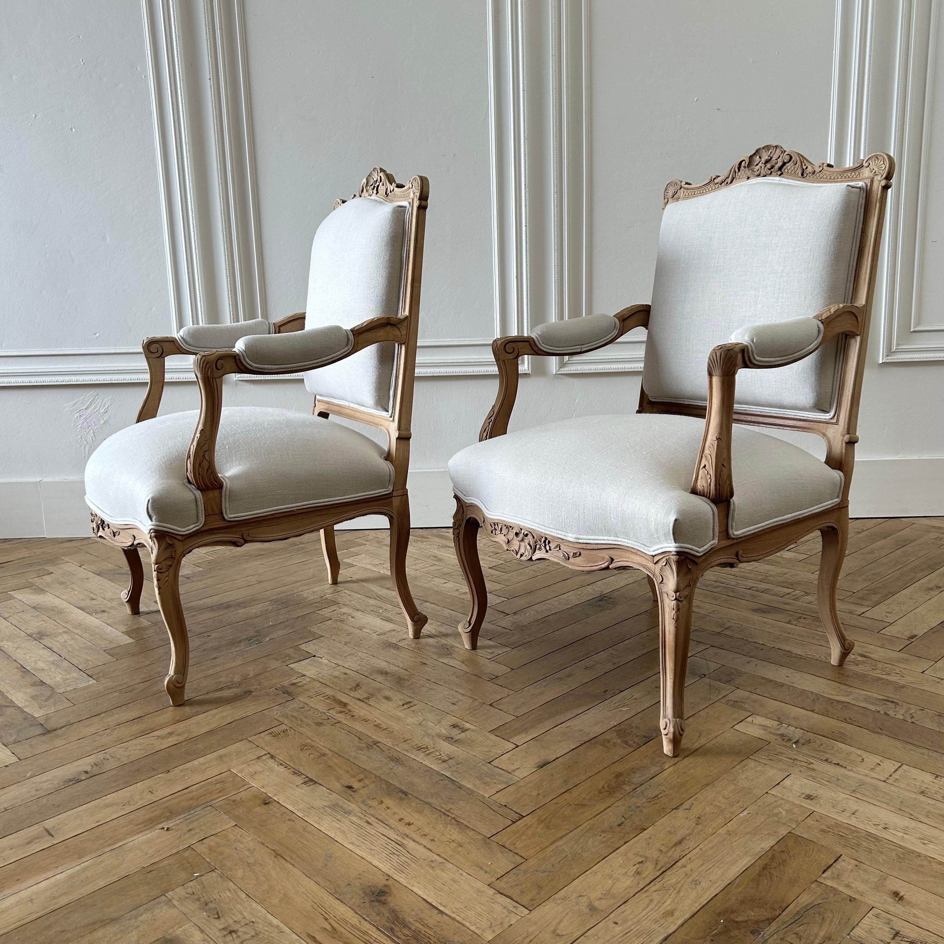 Louis XV Early 20th Century Bleached Walnut and Linen Upholstered Open Arm Chairs