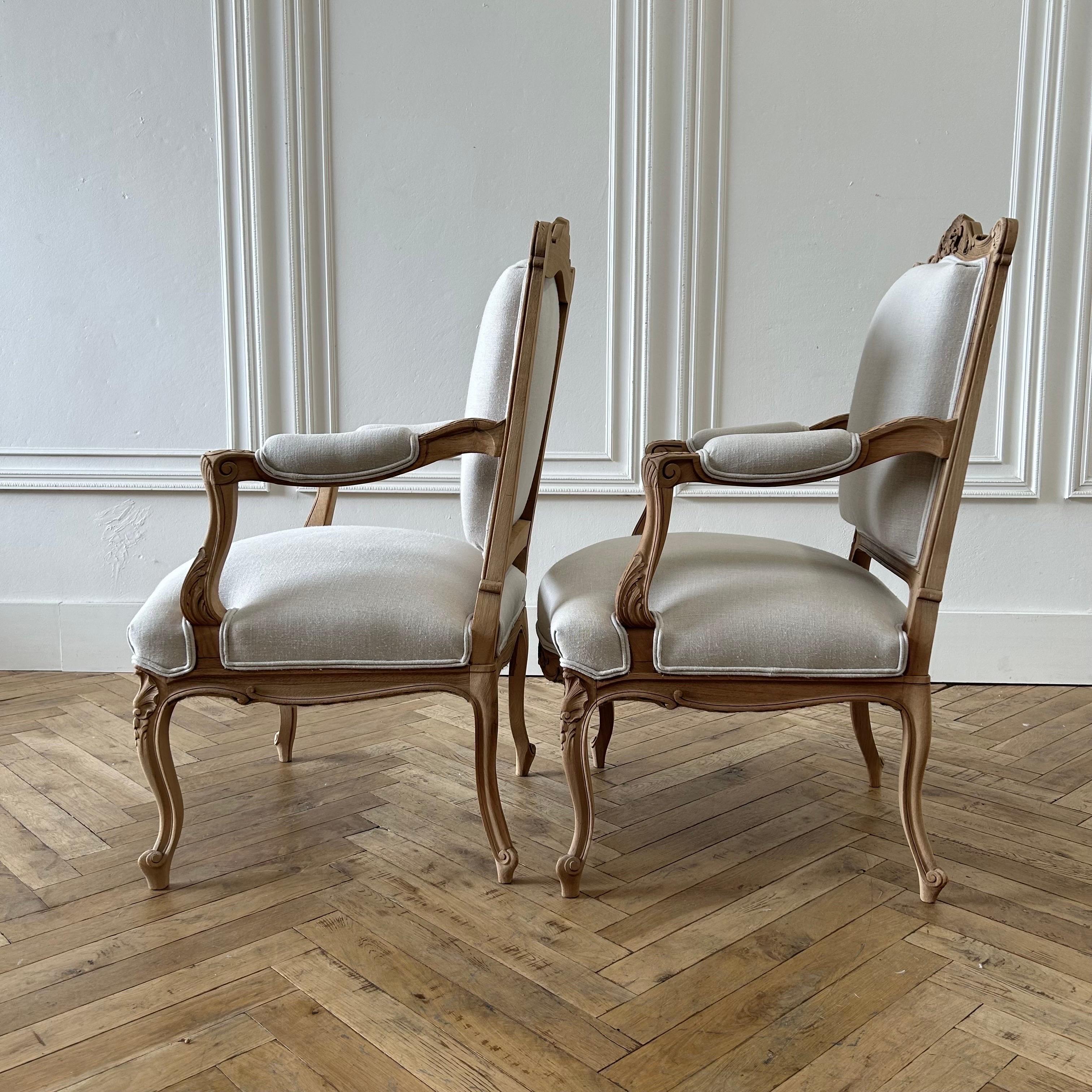 French Early 20th Century Bleached Walnut and Linen Upholstered Open Arm Chairs