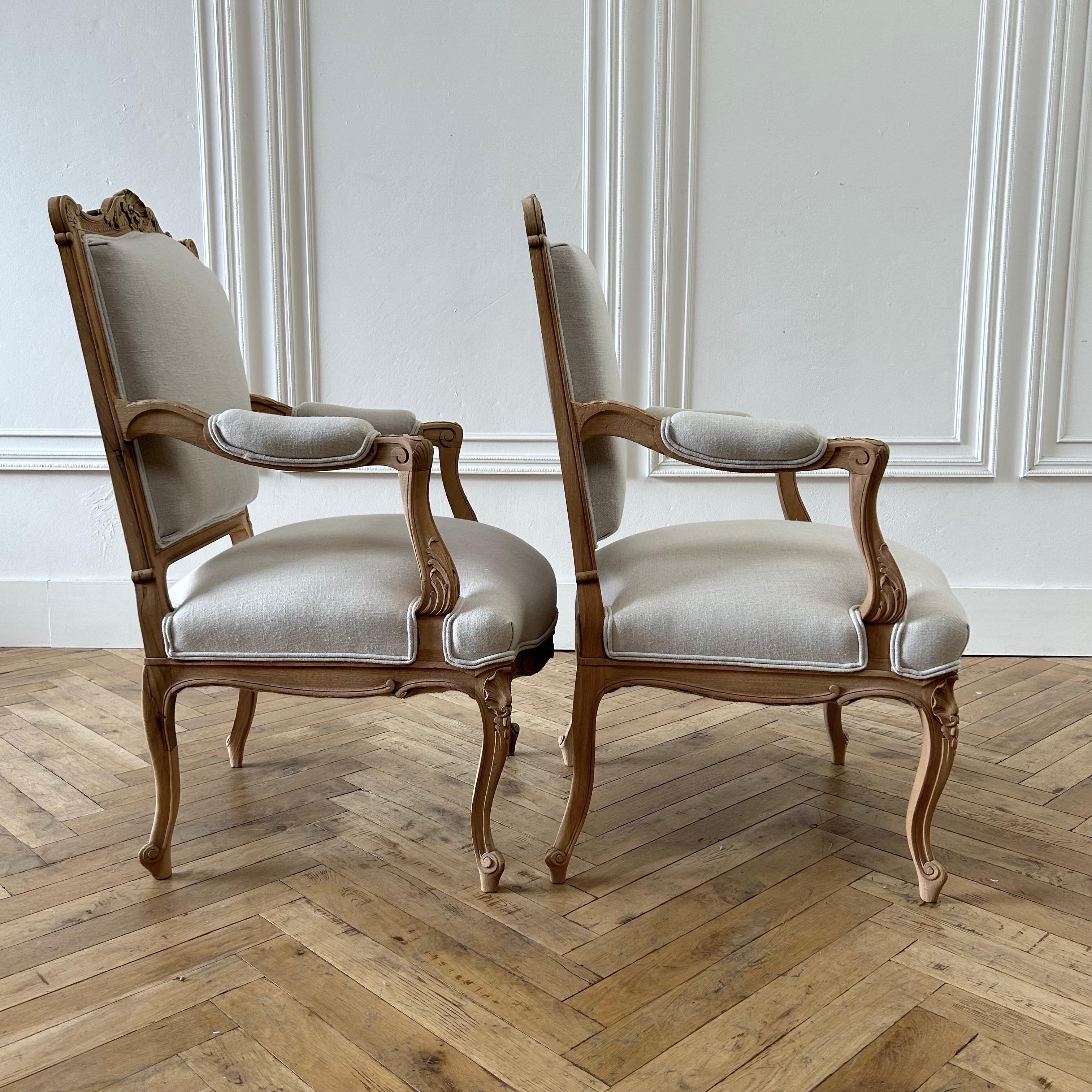Early 20th Century Bleached Walnut and Linen Upholstered Open Arm Chairs 1