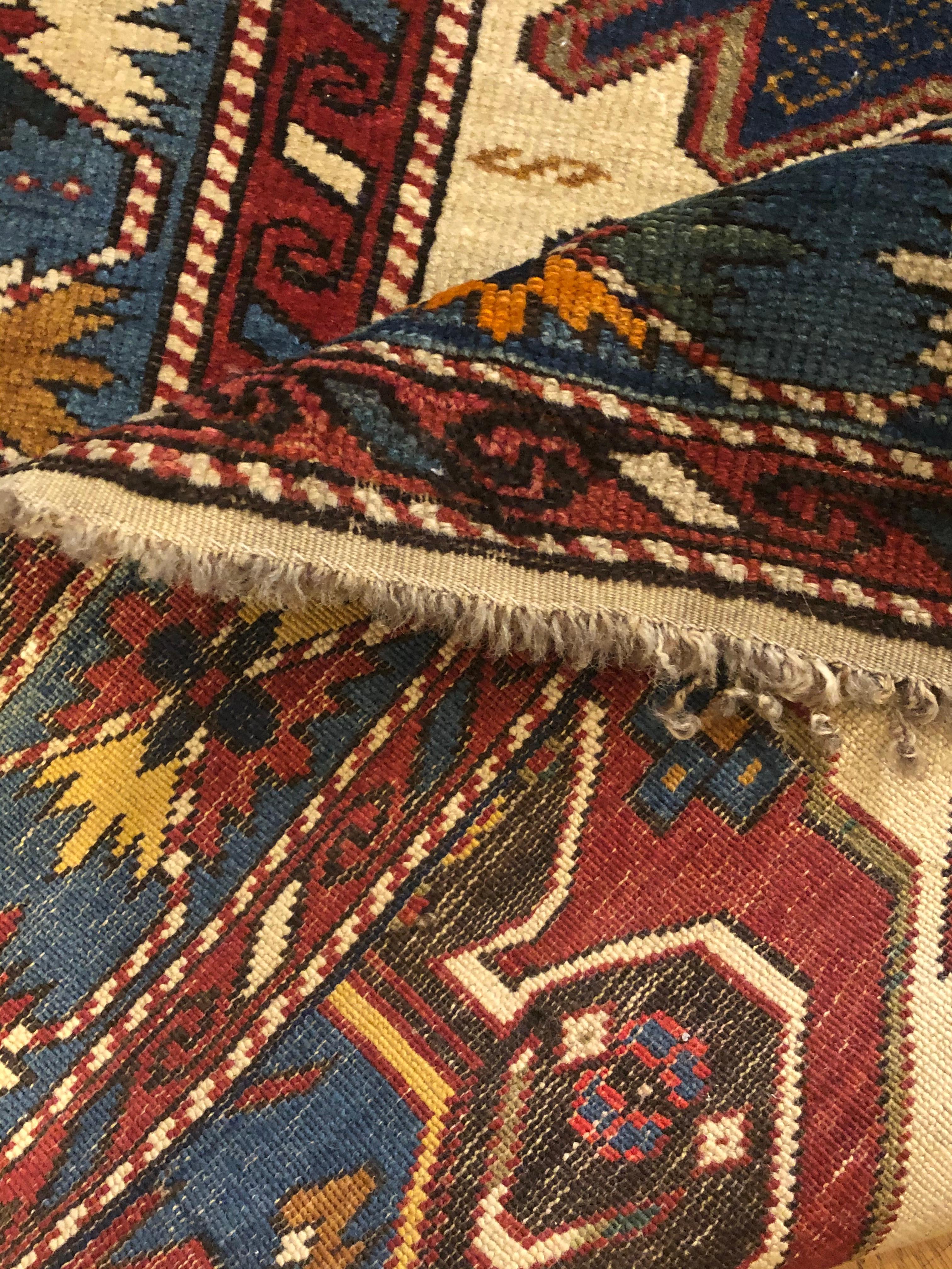 Early 20th Century Blu White Yellow Geometric Shirwan Kuba Zeijwa Caucasian Rug For Sale 5