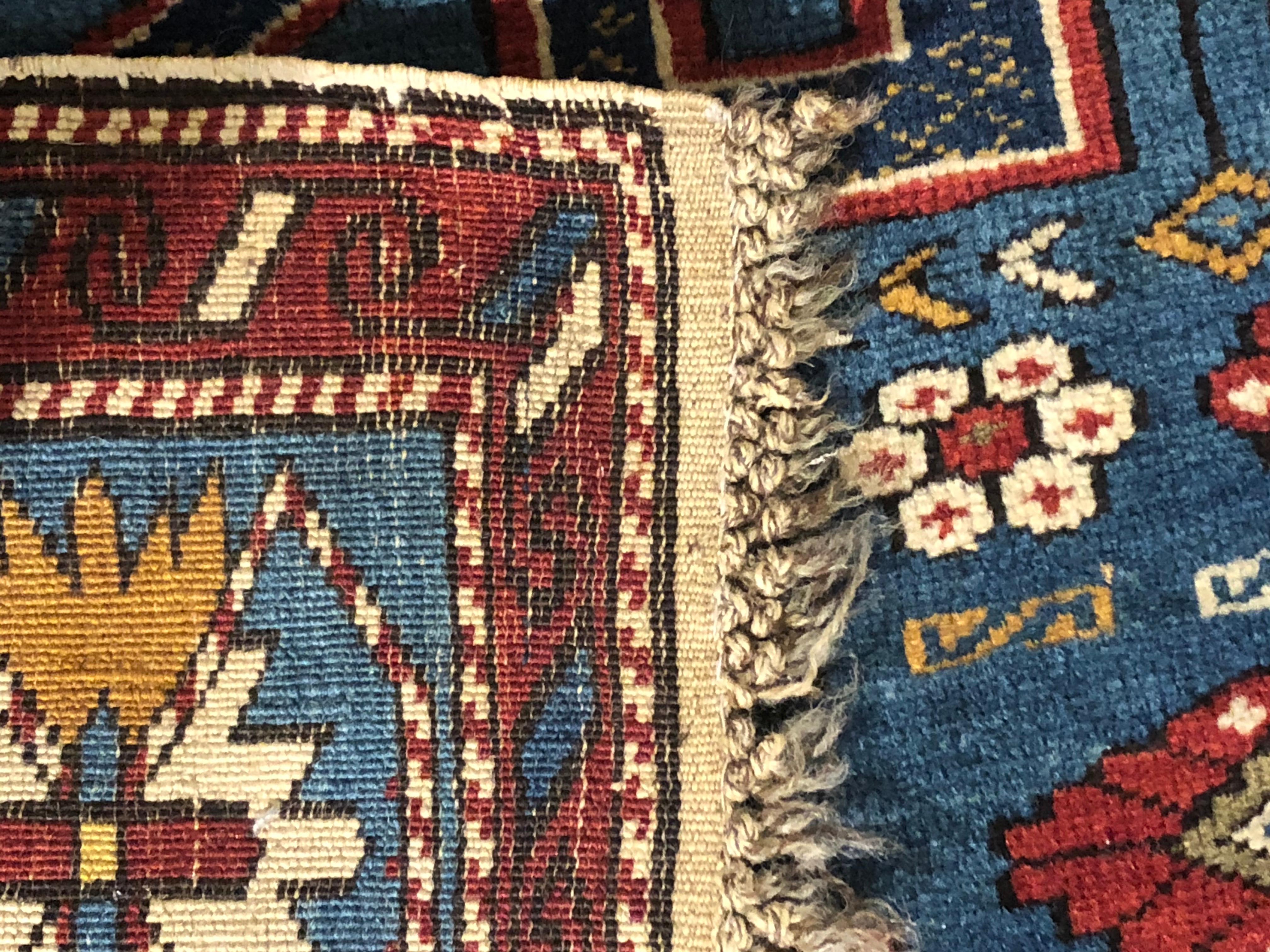 Early 20th Century Blu White Yellow Geometric Shirwan Kuba Zeijwa Caucasian Rug For Sale 6