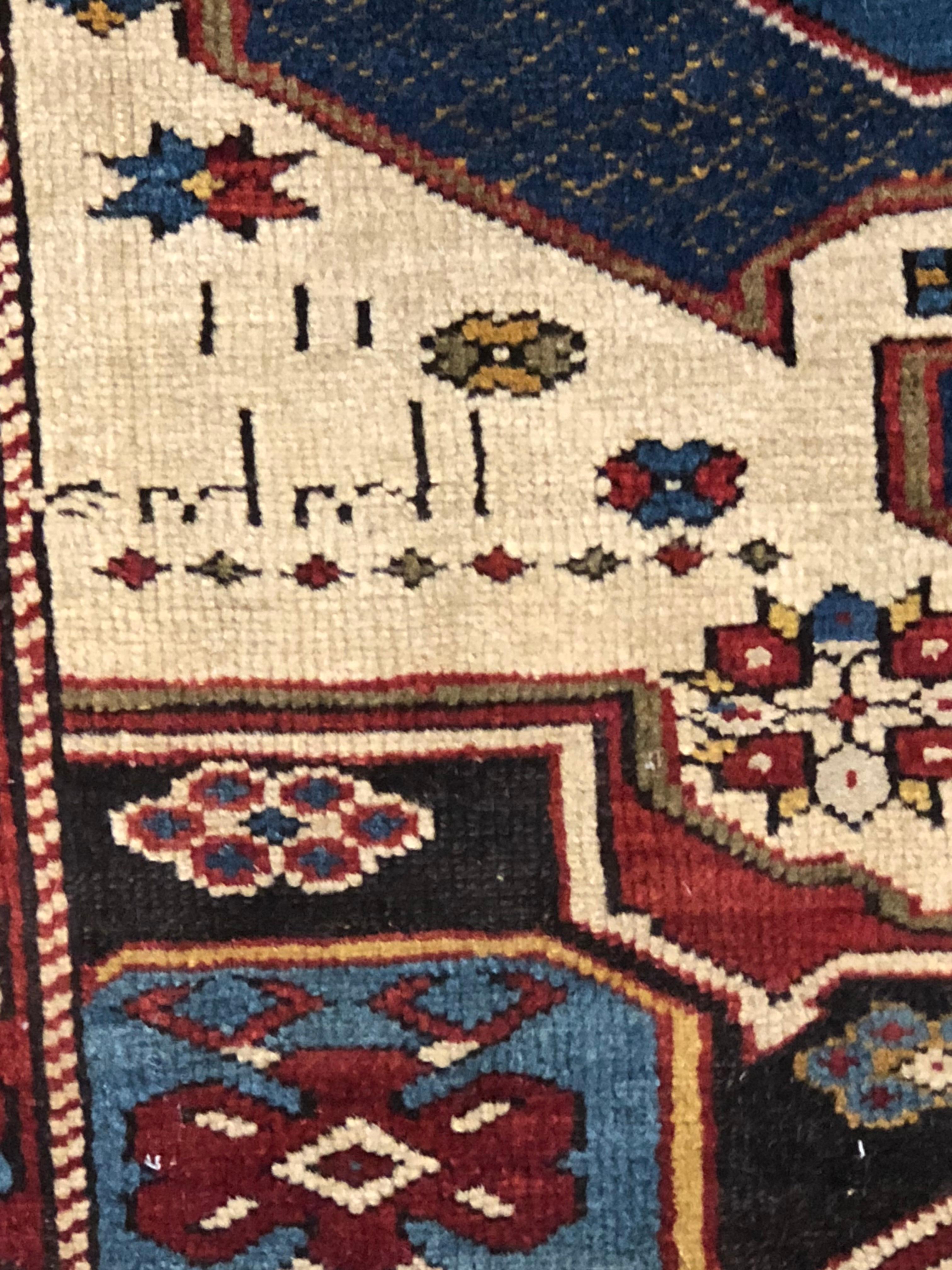 Wool Early 20th Century Blu White Yellow Geometric Shirwan Kuba Zeijwa Caucasian Rug For Sale