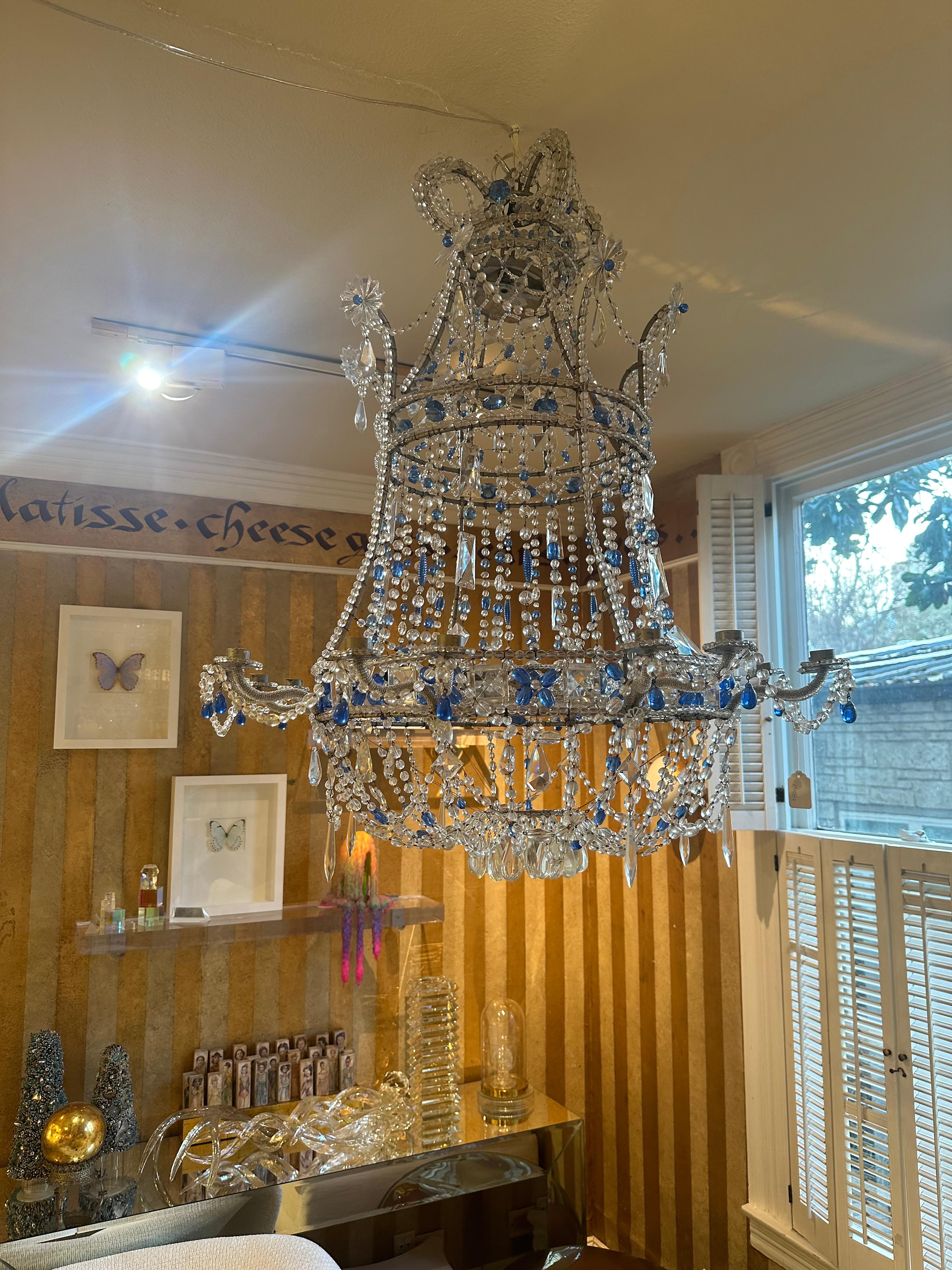Early 20th Century Blue and Clear Crystal Chandelier For Sale 5