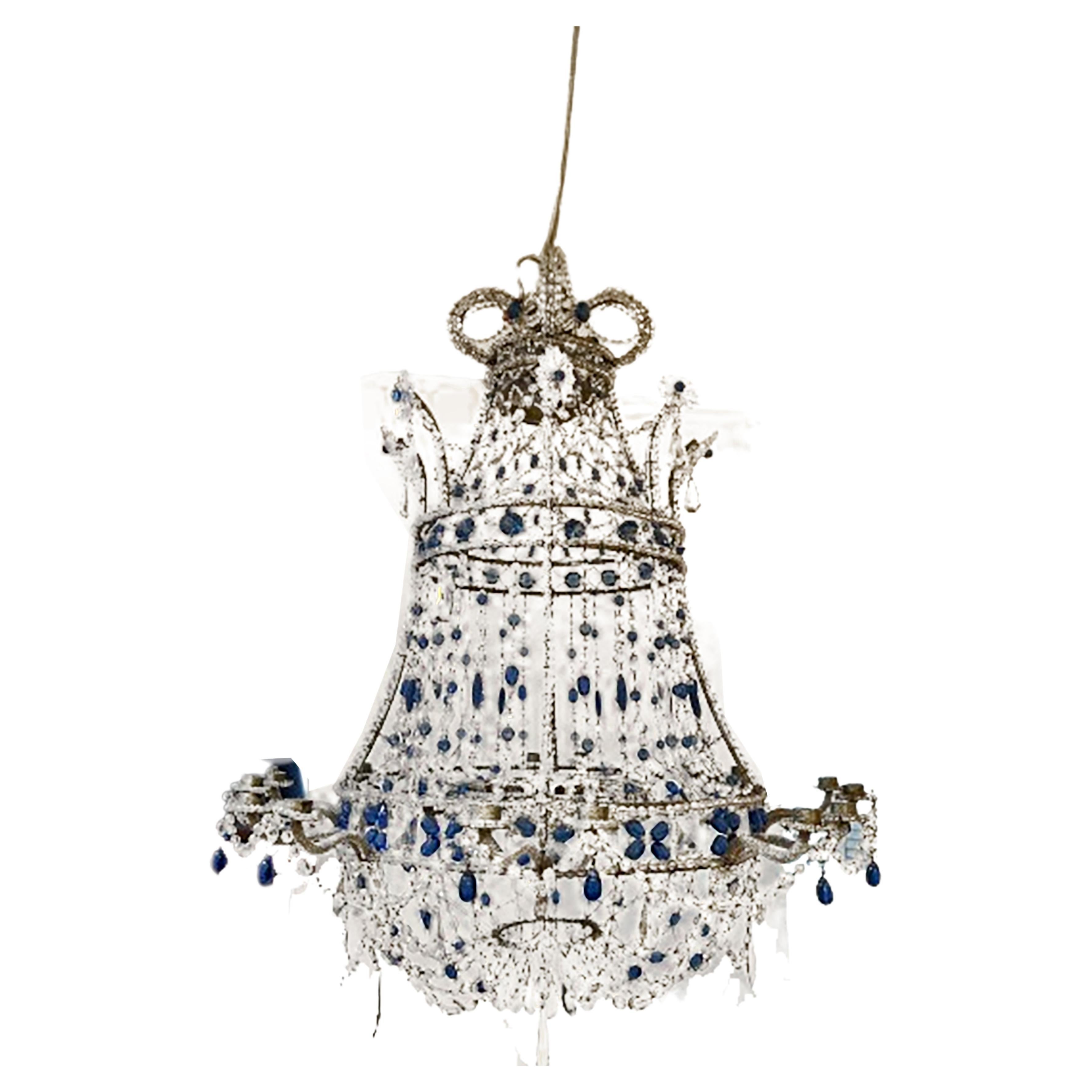 Early 20th Century Blue and Clear Crystal Chandelier