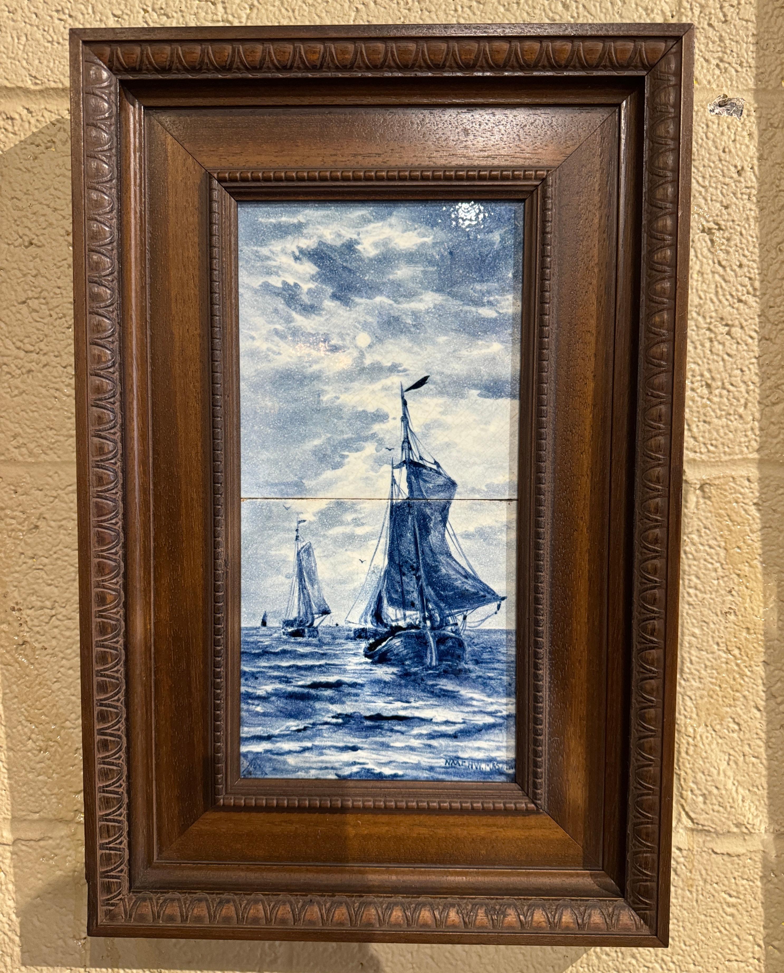 Hand-Crafted Early 20th Century Blue and White Painted Faience Delft Tiles in Walnut Frames