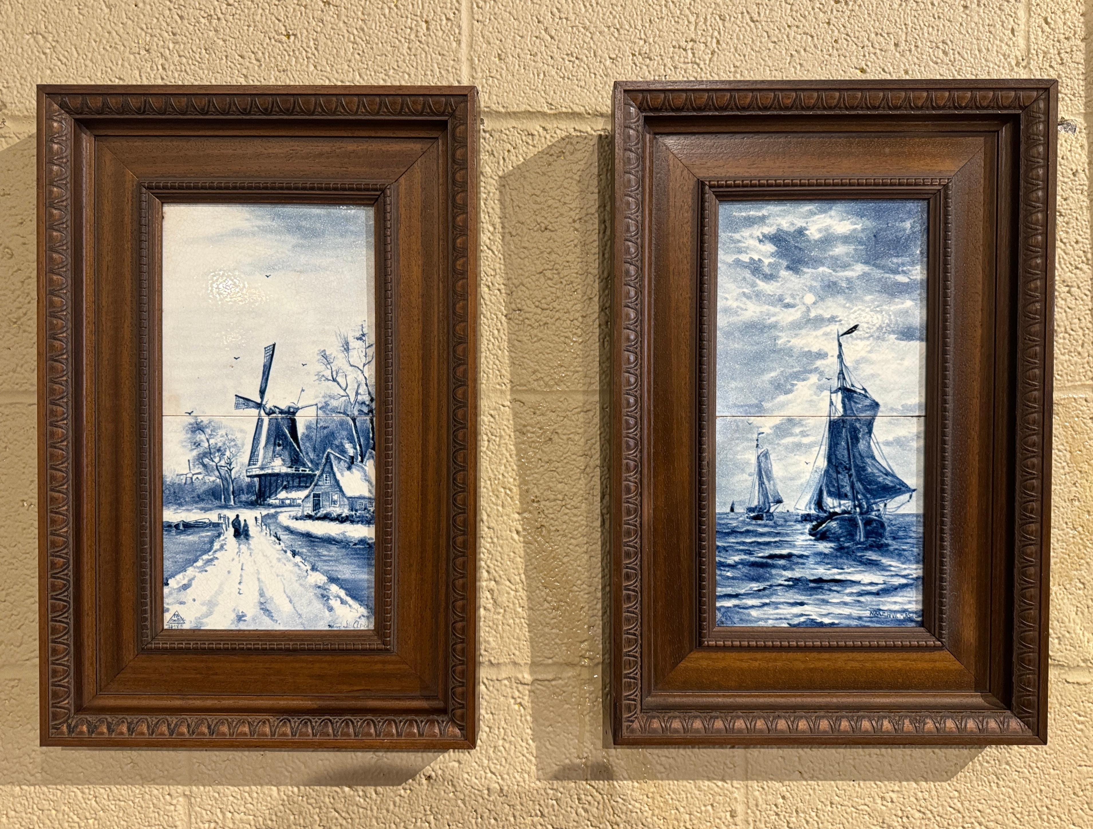 Early 20th Century Blue and White Painted Faience Delft Tiles in Walnut Frames In Excellent Condition In Dallas, TX