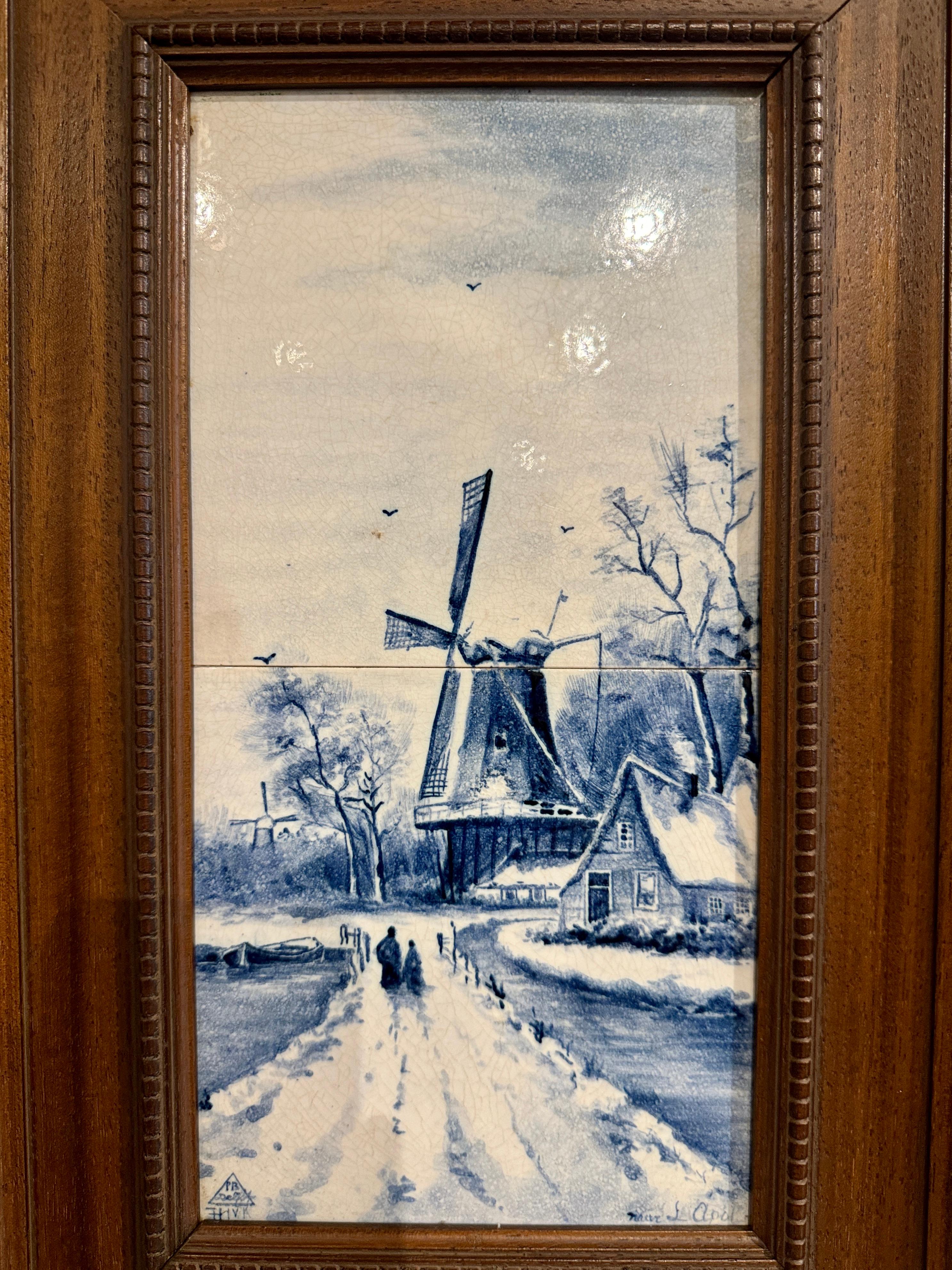 Ceramic Early 20th Century Blue and White Painted Faience Delft Tiles in Walnut Frames