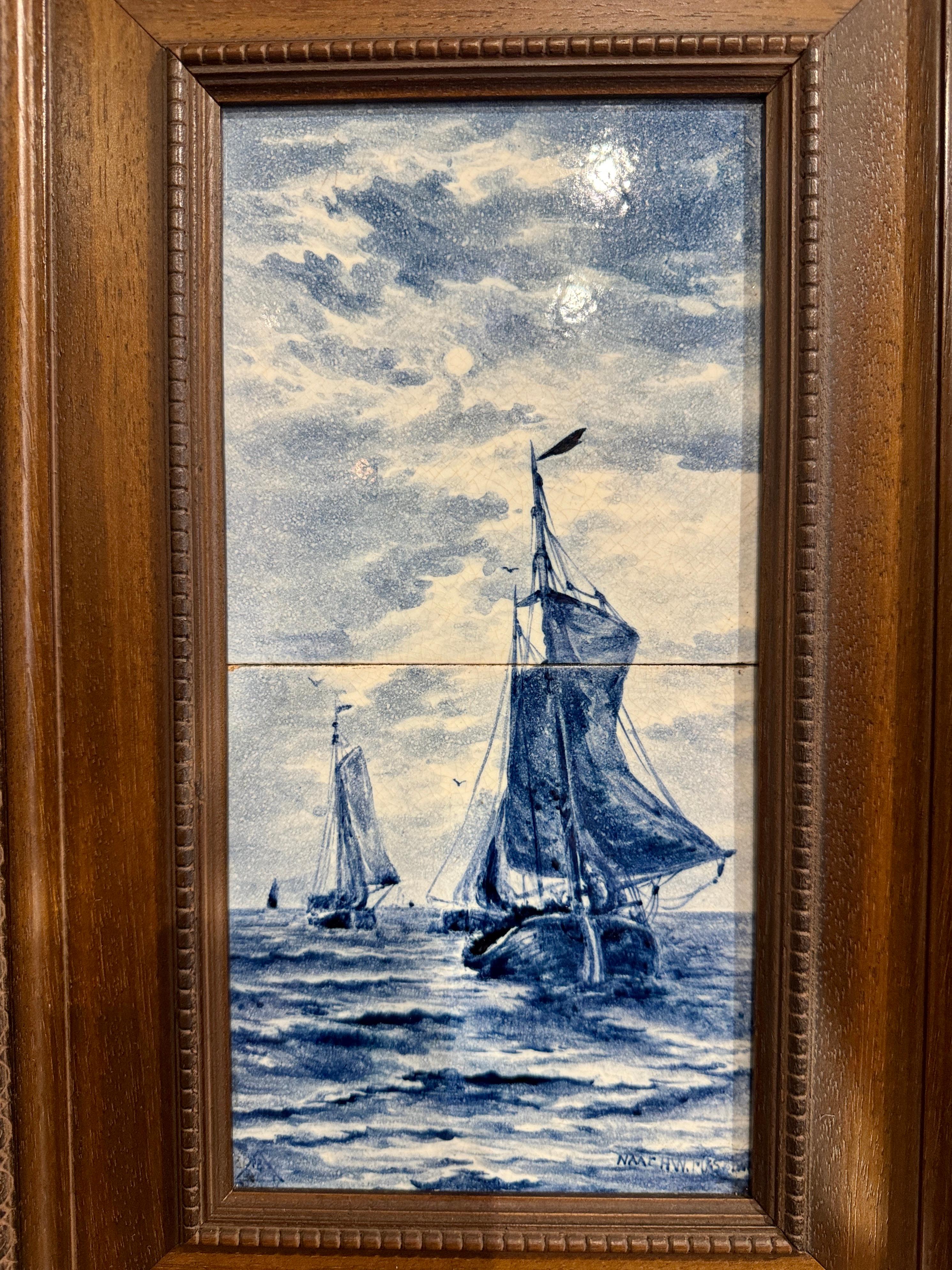 Early 20th Century Blue and White Painted Faience Delft Tiles in Walnut Frames 1