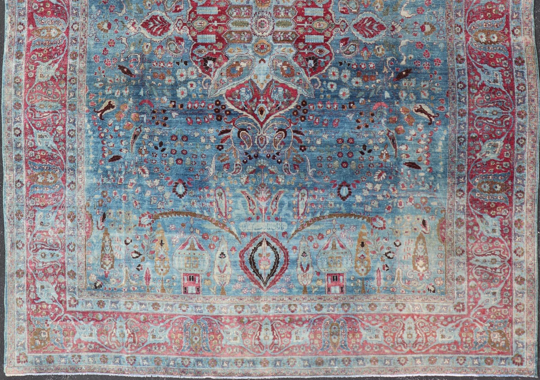 Noué à la main Début du 20e siècle, tapis ancien persan Khorassan à fond bleu avec médaillon en vente