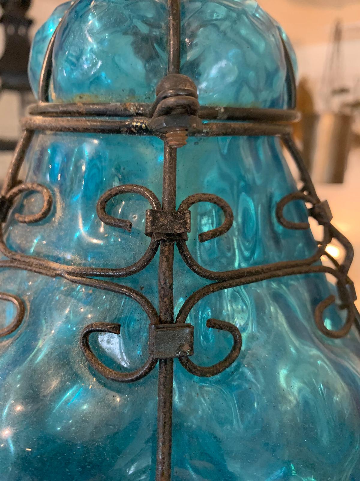 Early 20th Century Blue Glass and Steel Hand Blown Bubble Glass Lantern For Sale 7