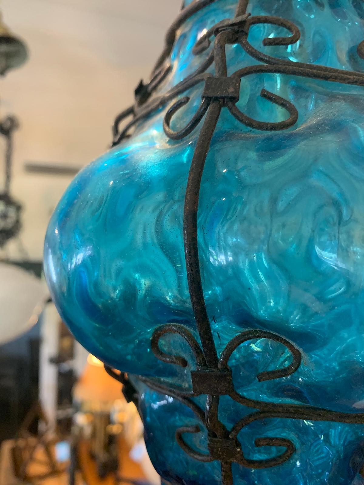 Early 20th Century Blue Glass and Steel Hand Blown Bubble Glass Lantern For Sale 8