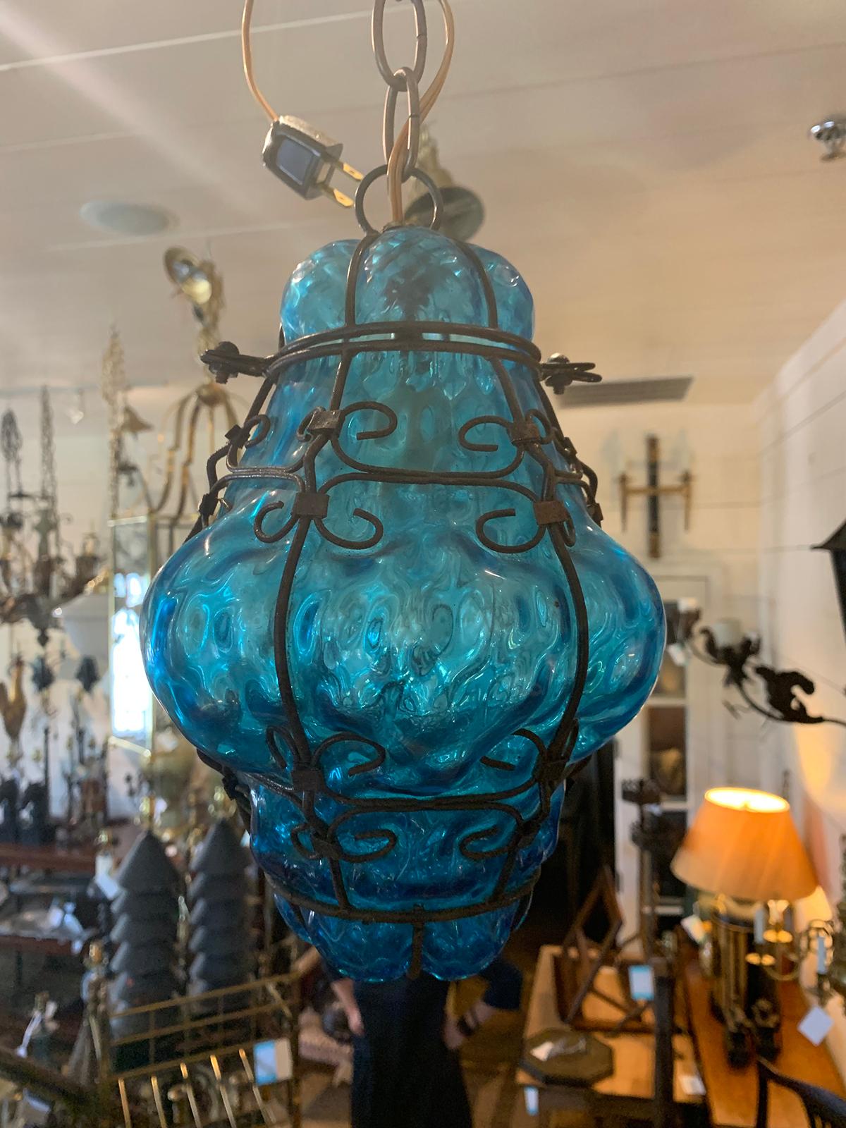 Early 20th century blue glass and steel hand blown bubble glass lantern
New wiring.
