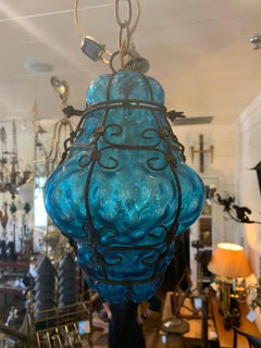 Early 20th Century Blue Glass and Steel Hand Blown Bubble Glass Lantern