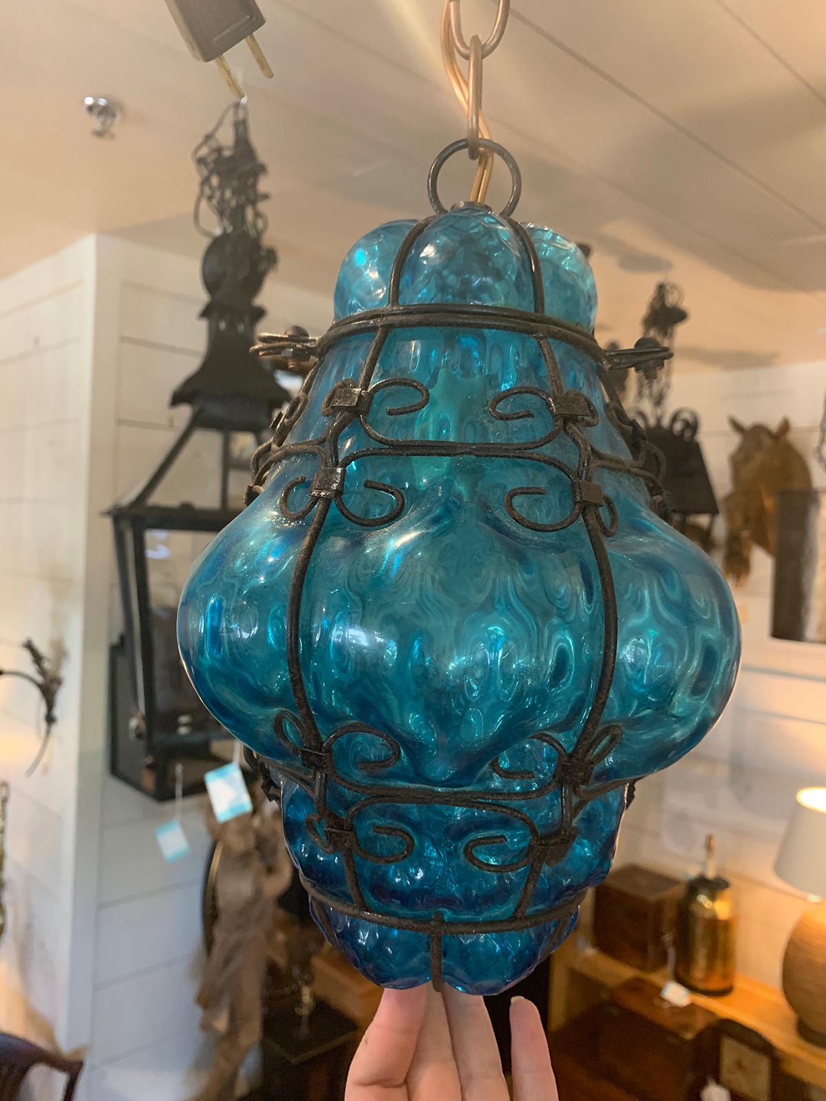 Early 20th Century Blue Glass and Steel Hand Blown Bubble Glass Lantern In Good Condition For Sale In Atlanta, GA