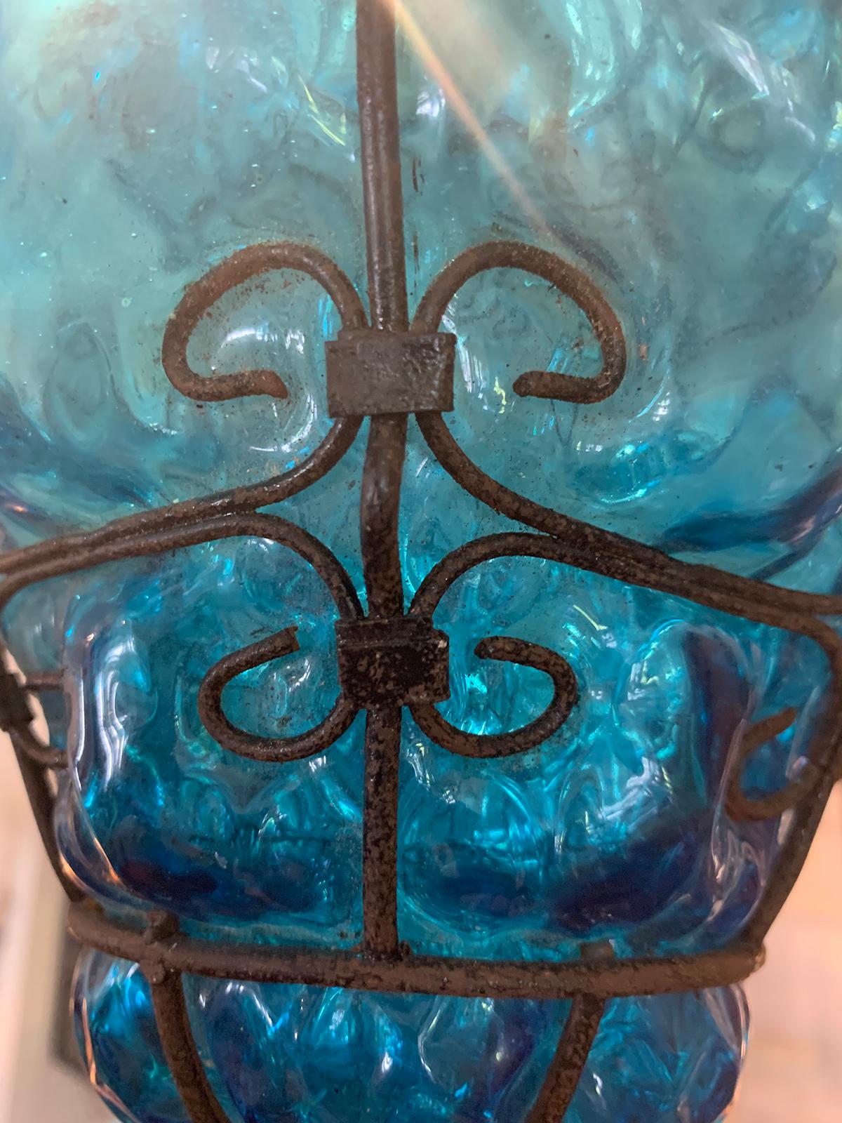 Early 20th Century Blue Glass and Steel Hand Blown Bubble Glass Lantern For Sale 1