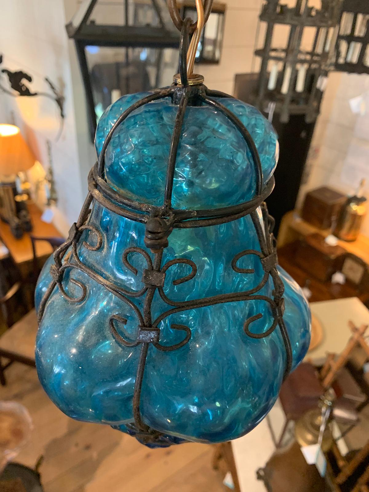 Early 20th Century Blue Glass and Steel Hand Blown Bubble Glass Lantern For Sale 4