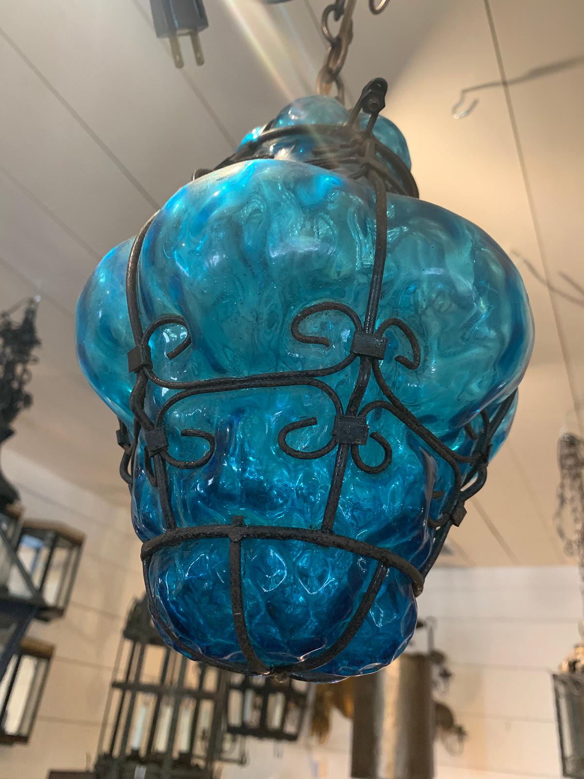 Early 20th Century Blue Glass and Steel Hand Blown Bubble Glass Lantern For Sale 5