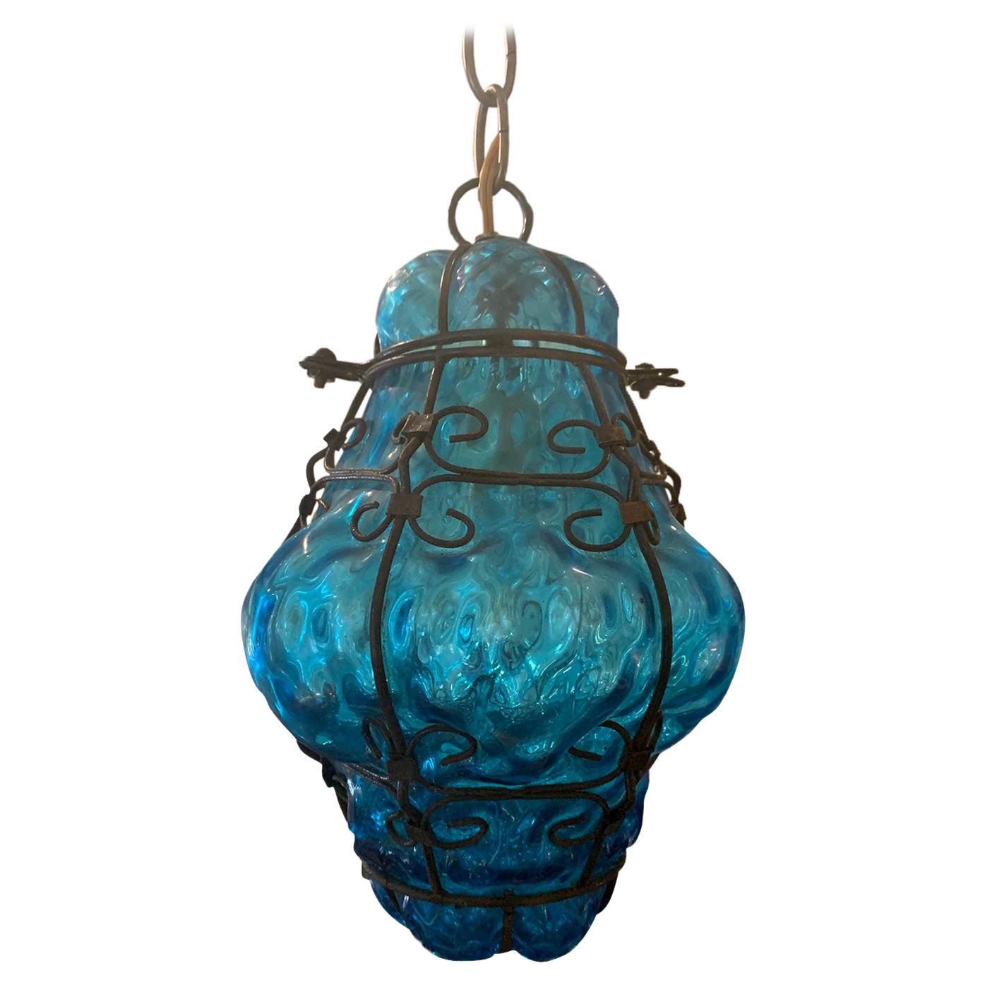 Early 20th Century Blue Glass and Steel Hand Blown Bubble Glass Lantern For Sale