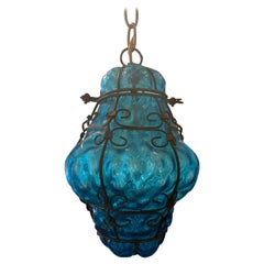 Early 20th Century Blue Glass and Steel Hand Blown Bubble Glass Lantern