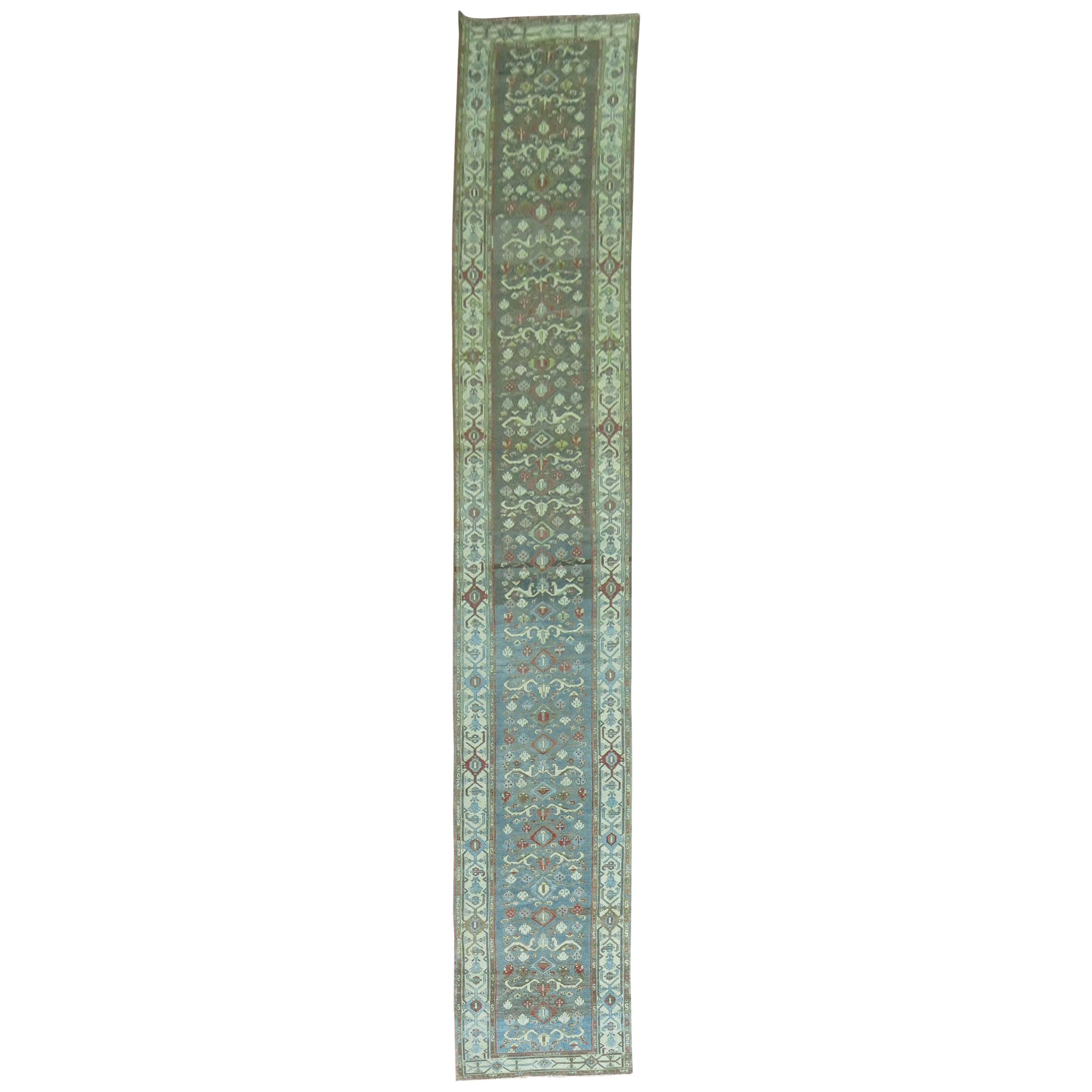 Early 20th Century Blue Green Antique Persian Malayer Long Runner For Sale