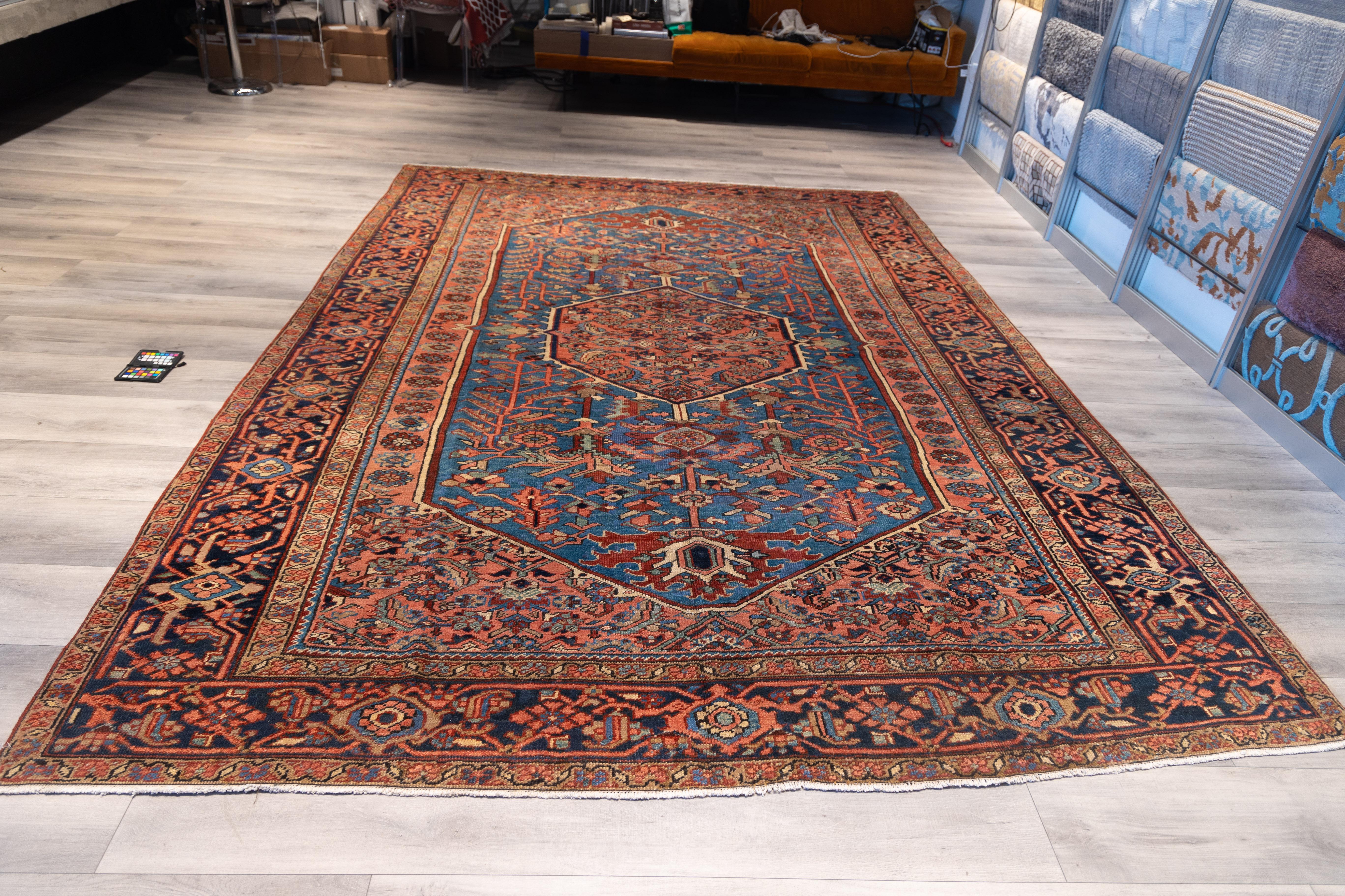 Persian Early 20th century blue Heriz tribal rug For Sale