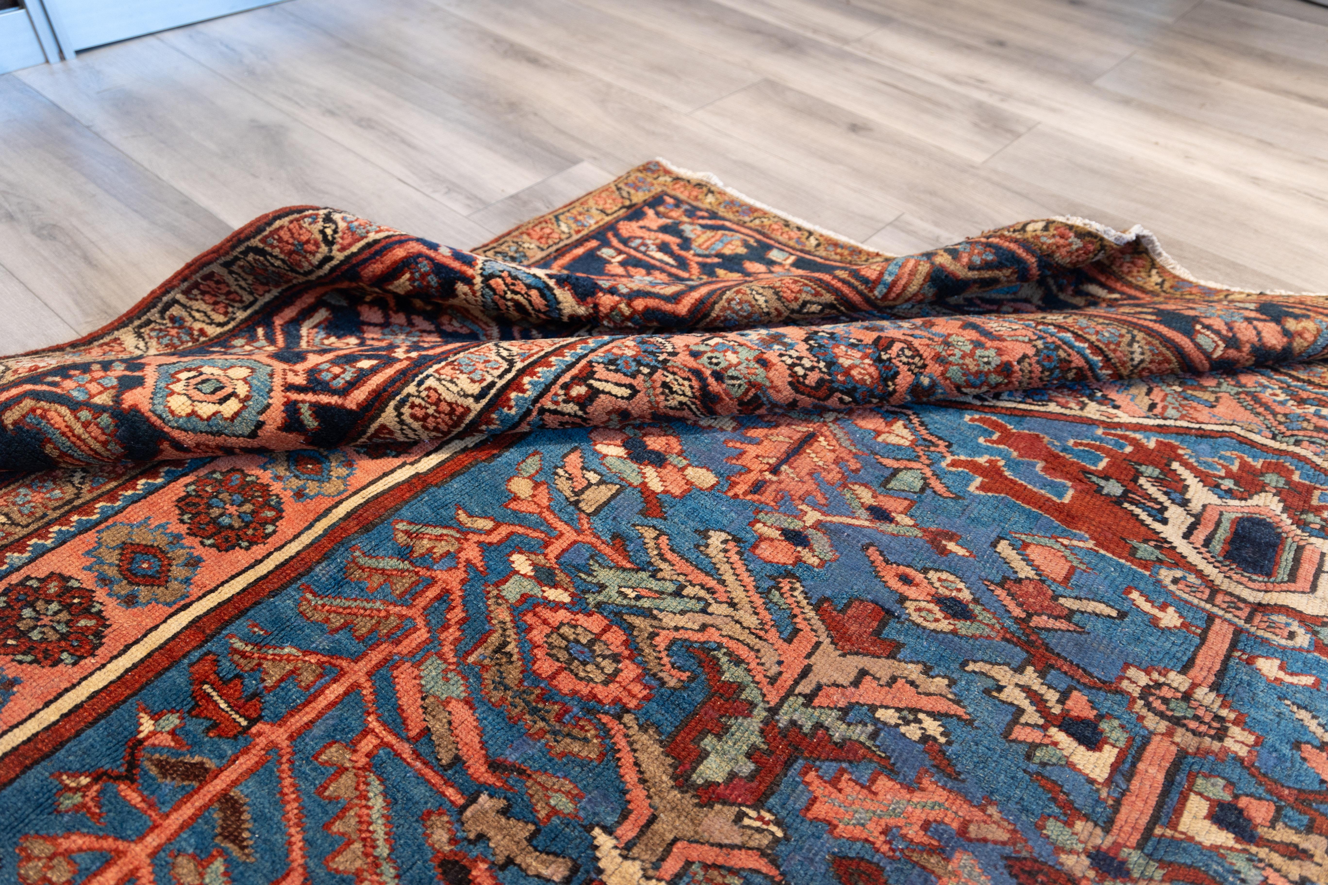 Hand-Woven Early 20th century blue Heriz tribal rug For Sale