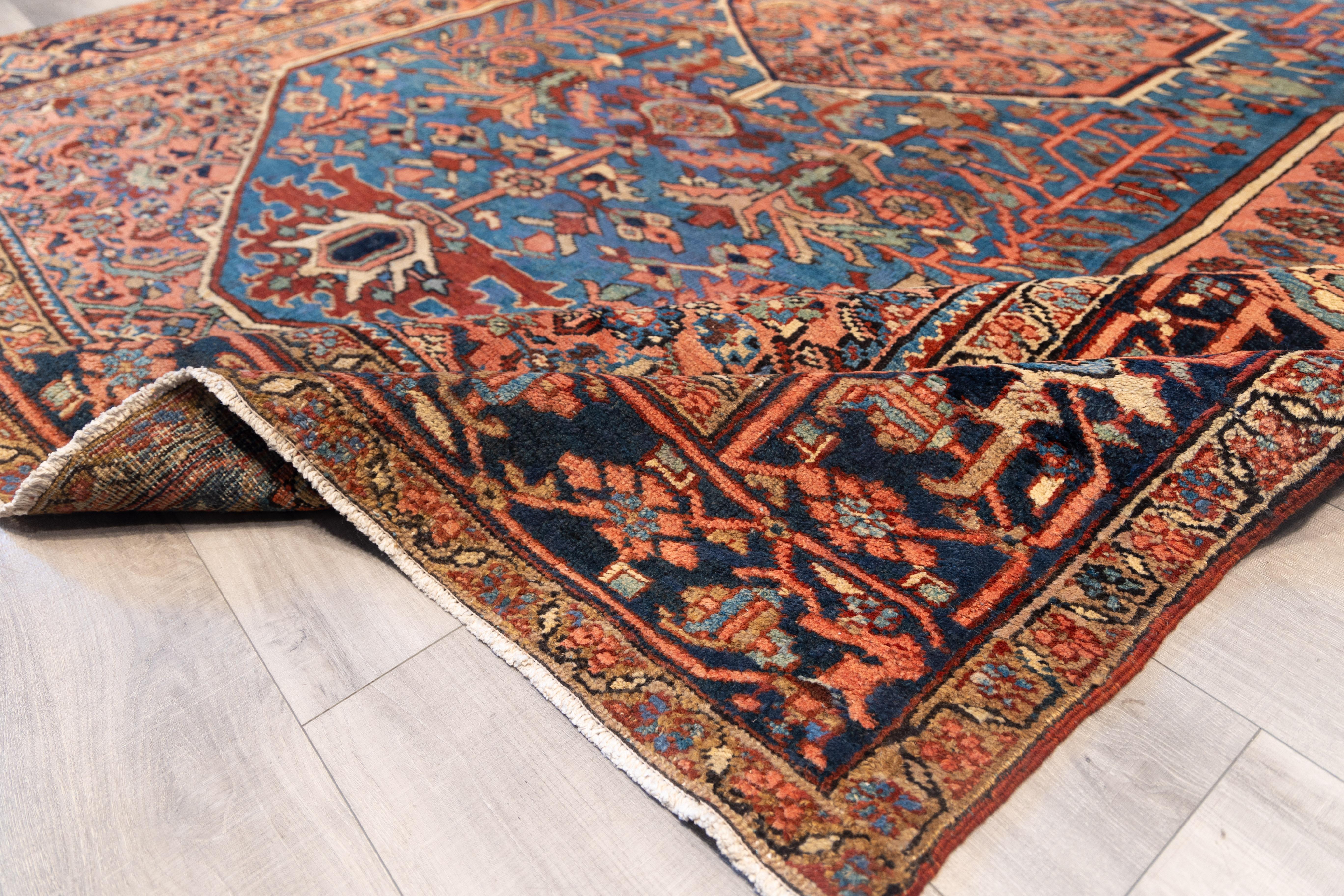 Wool Early 20th century blue Heriz tribal rug For Sale