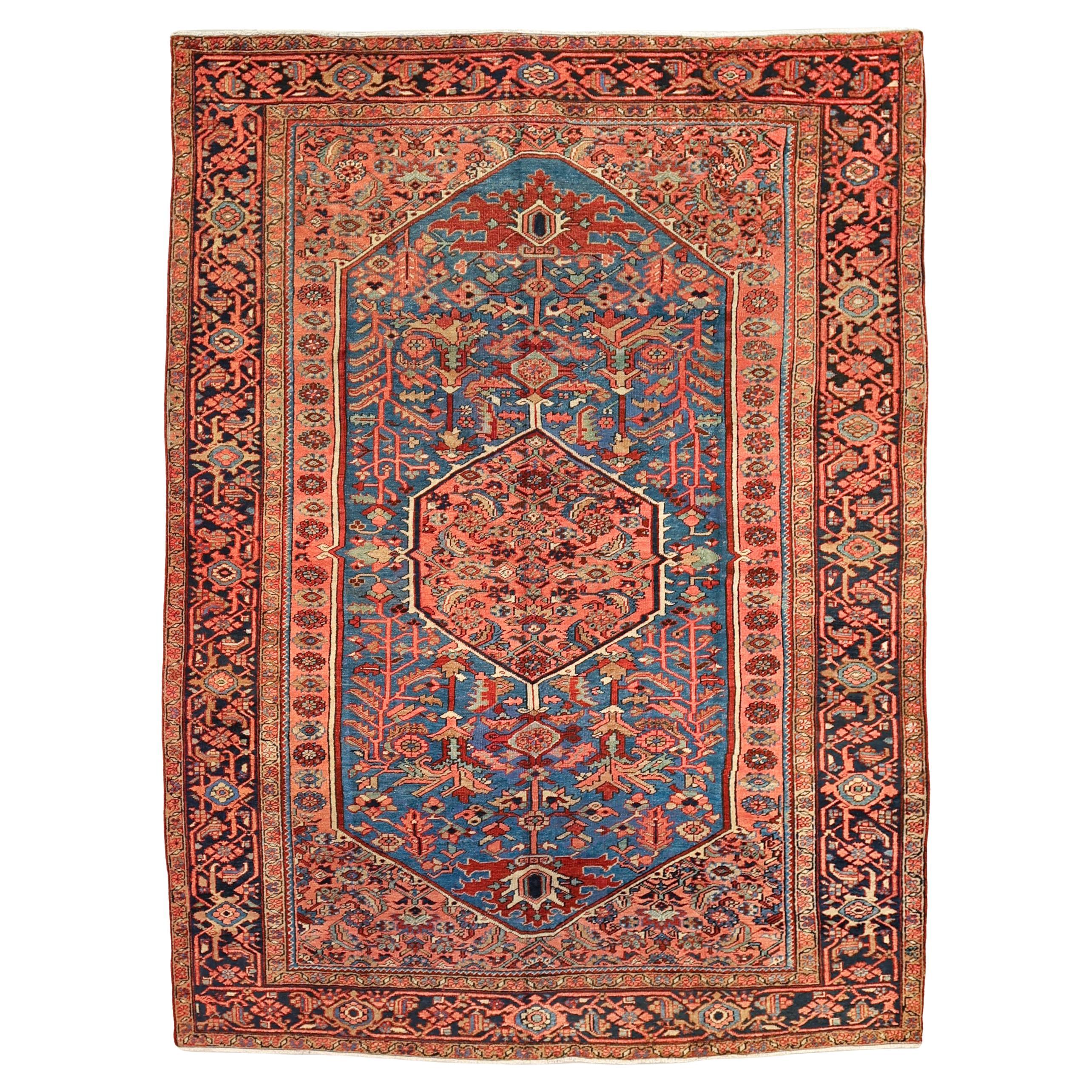 Early 20th century blue Heriz tribal rug For Sale