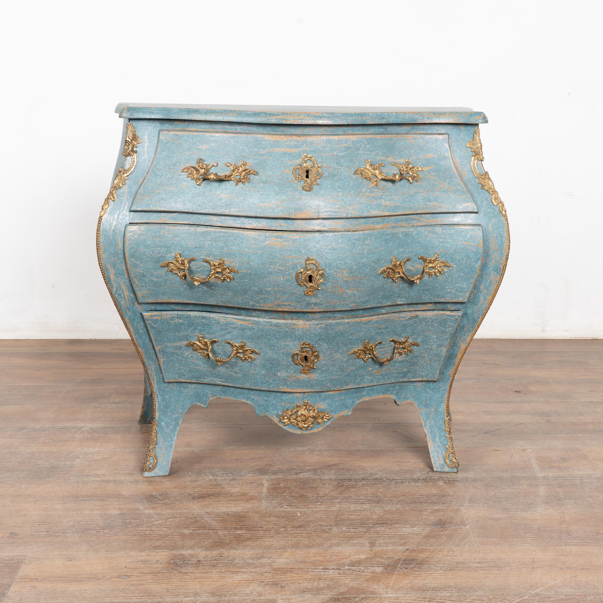 Swedish Early 20th Century Blue Painted Bombay Commode Chest of Three Drawers, Sweden For Sale